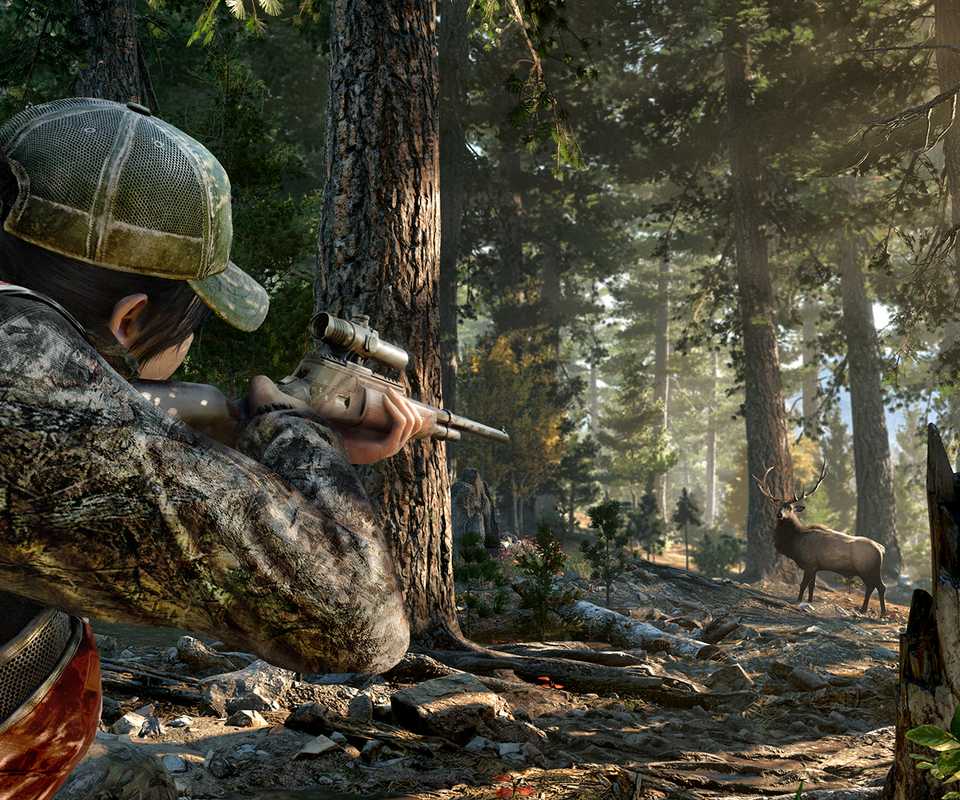 Far cry character shooting deer in forest