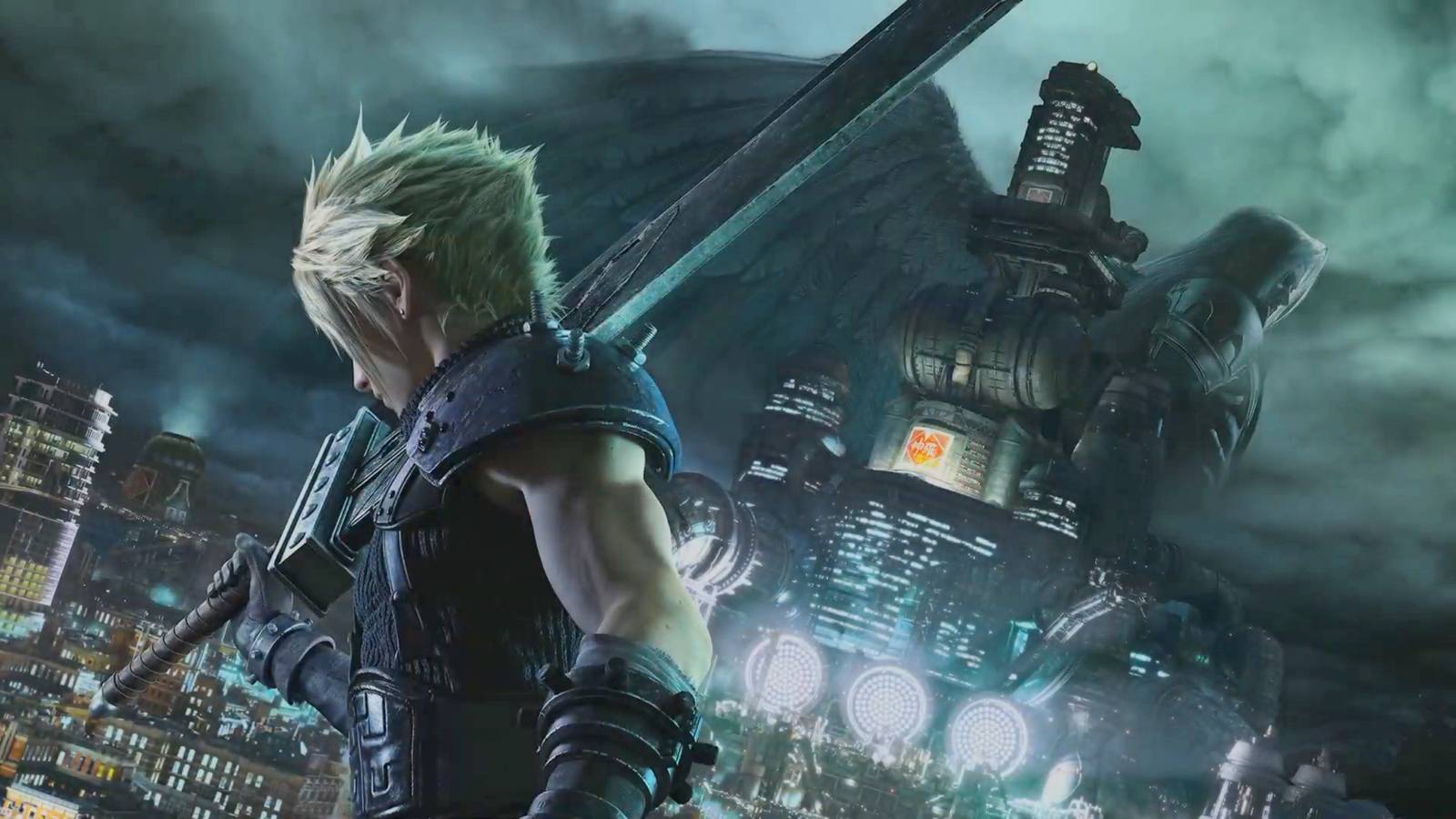 Cloud đứng trước tòa nhà Shinra với Sephiroth ở phía sau trong artwork của raid FF7 trong FFXIV Evercold