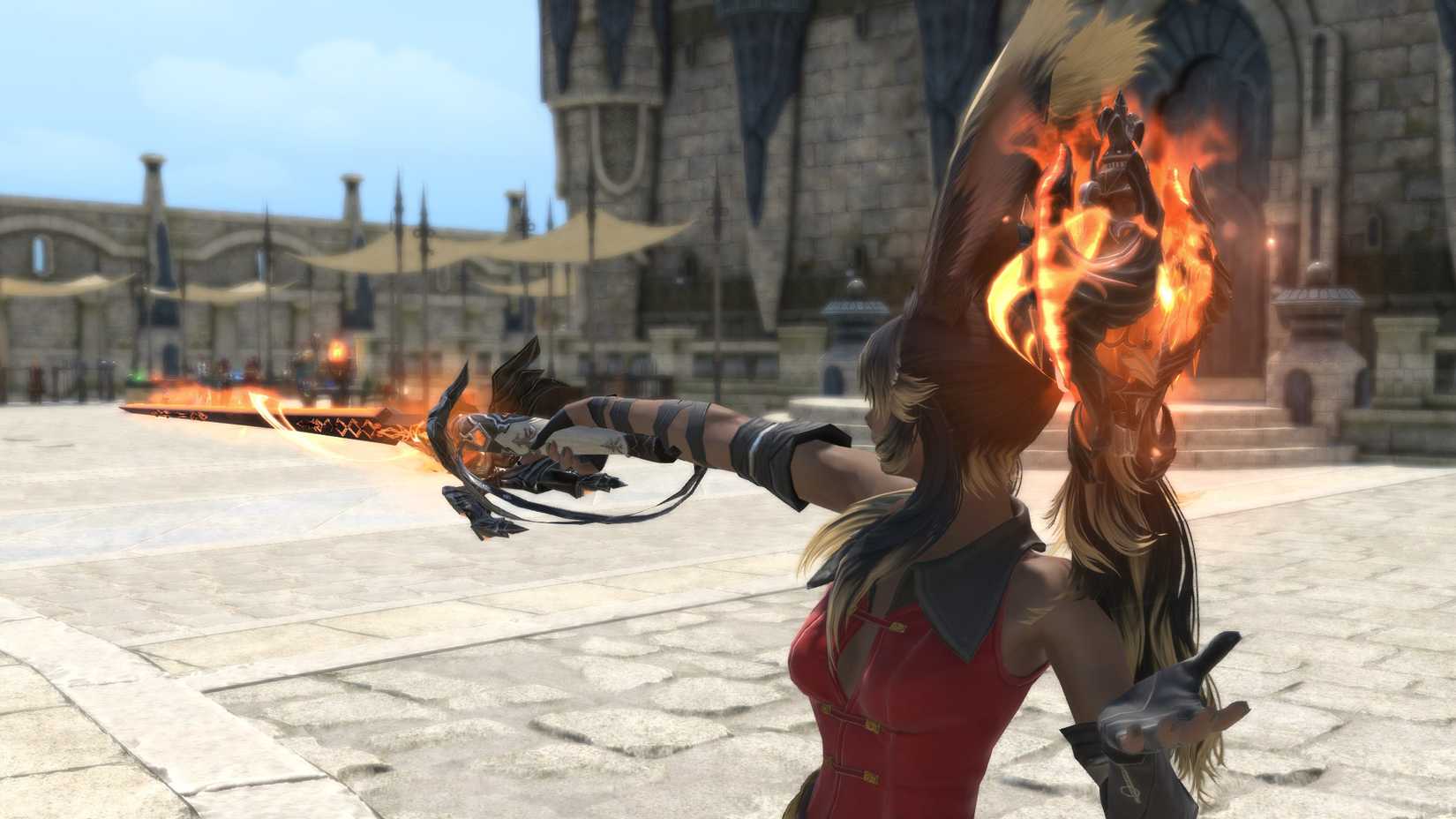 A Viera holds a fiery rapier in FFXIV