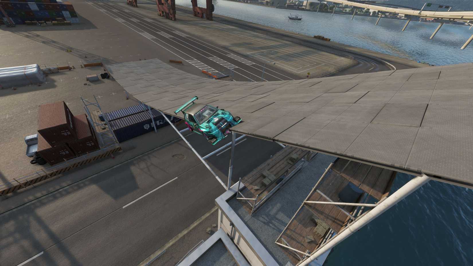 A Forza Horizon 6 screenshot showing a car with only half of it on a ramp