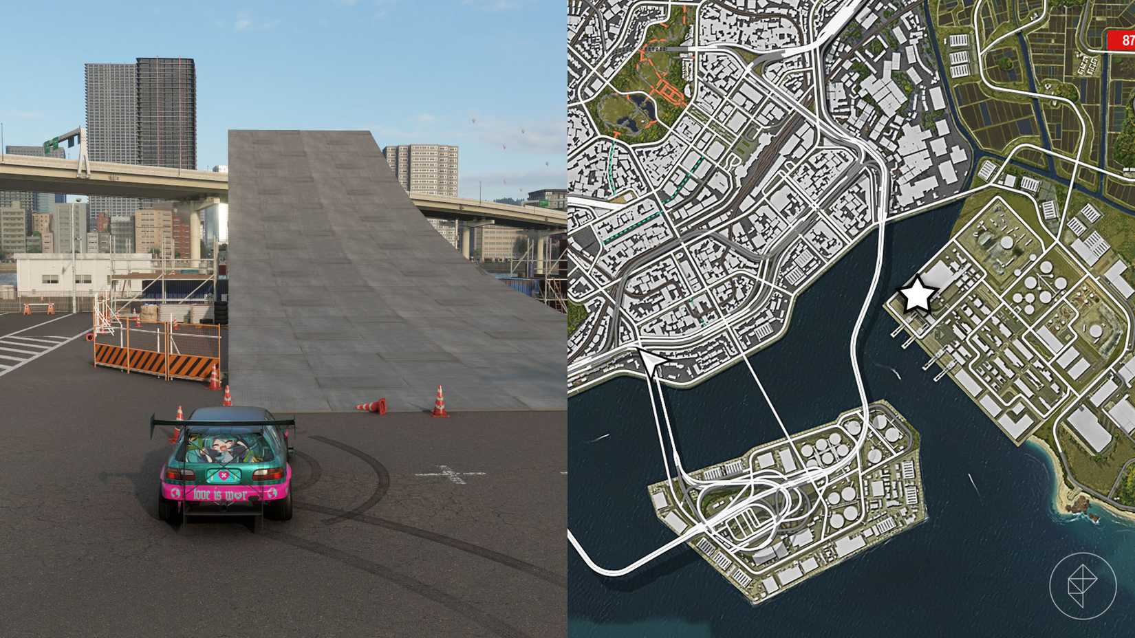 fh6_guide_barrelroll_map_1-Un montaje con dos imágenes de Forza Horizon 6 que muestran la ubicación de una gran rampa en el área de la ciudad de Tokio