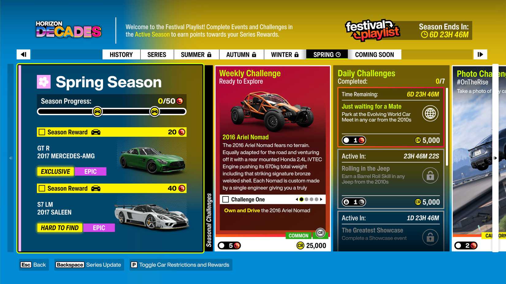 A Forza Horizon 6 screenshot showing the Series 2 "Horizon Decades" spring challenges and rewards