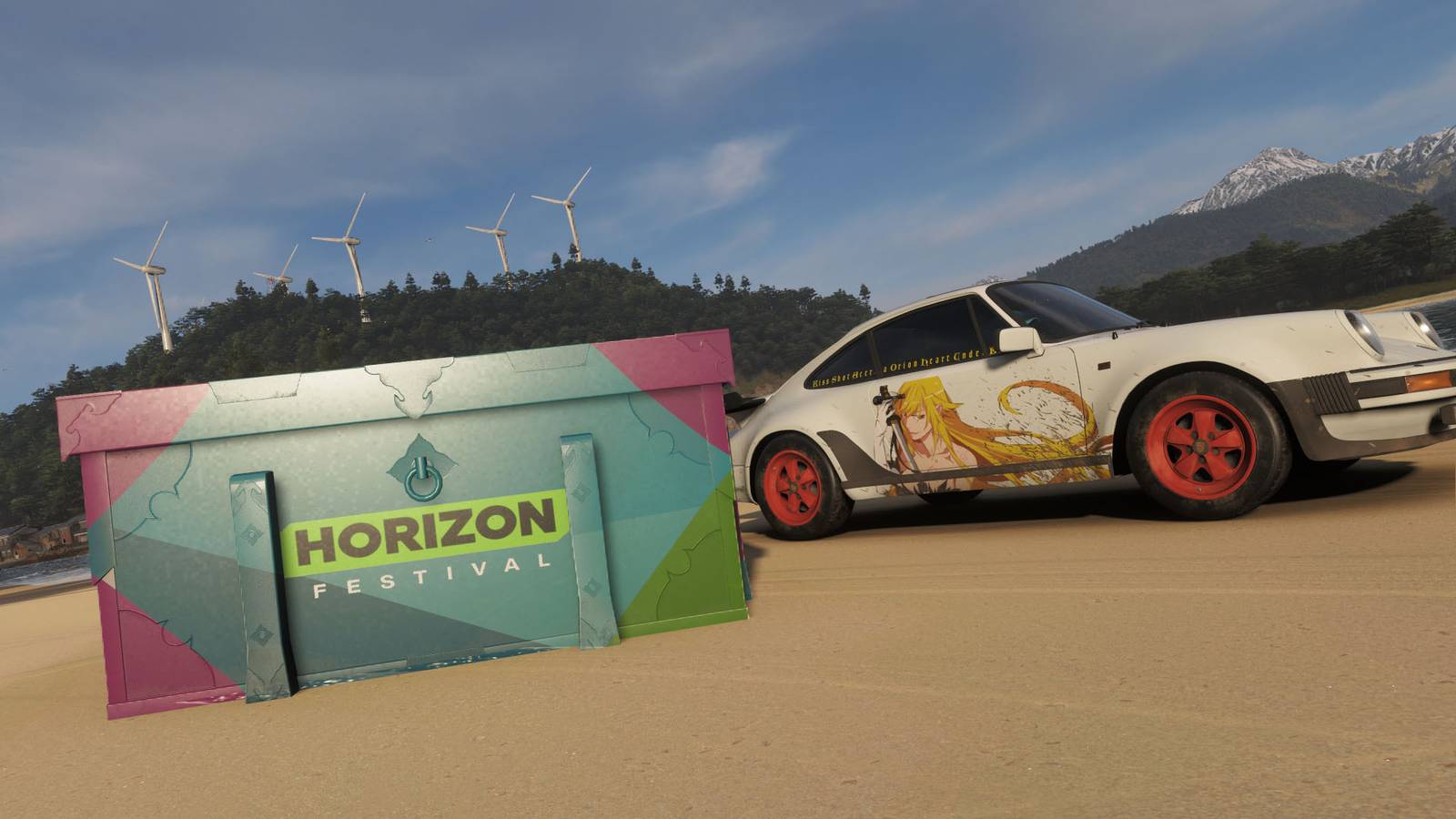 A box that says Horizon Festival and a white porsche in Forza Horizon 6.