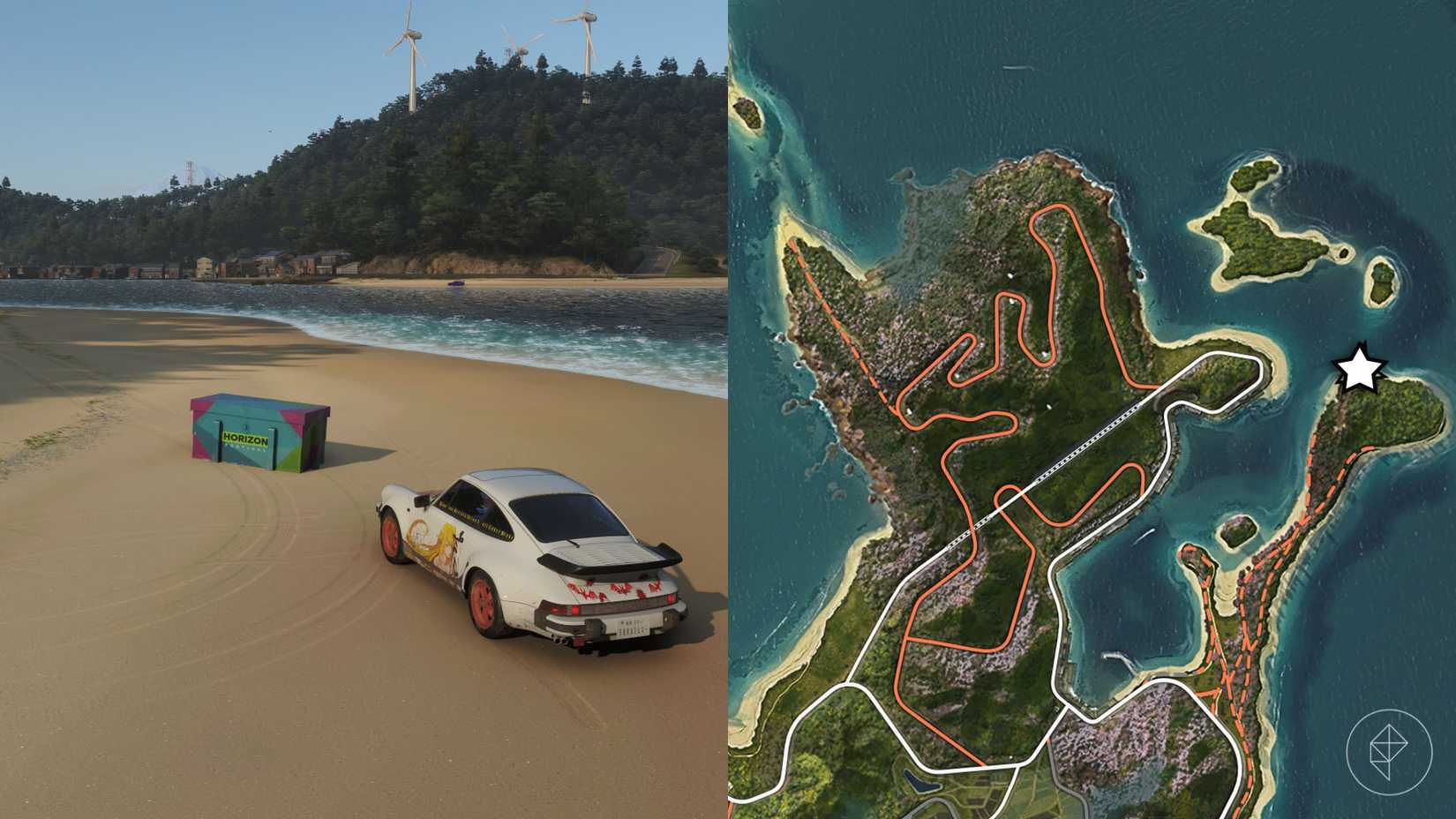 A montage with two Forza Horizon 6 pictures showing the location of the Series 2 spring Ito Treasure Hunt