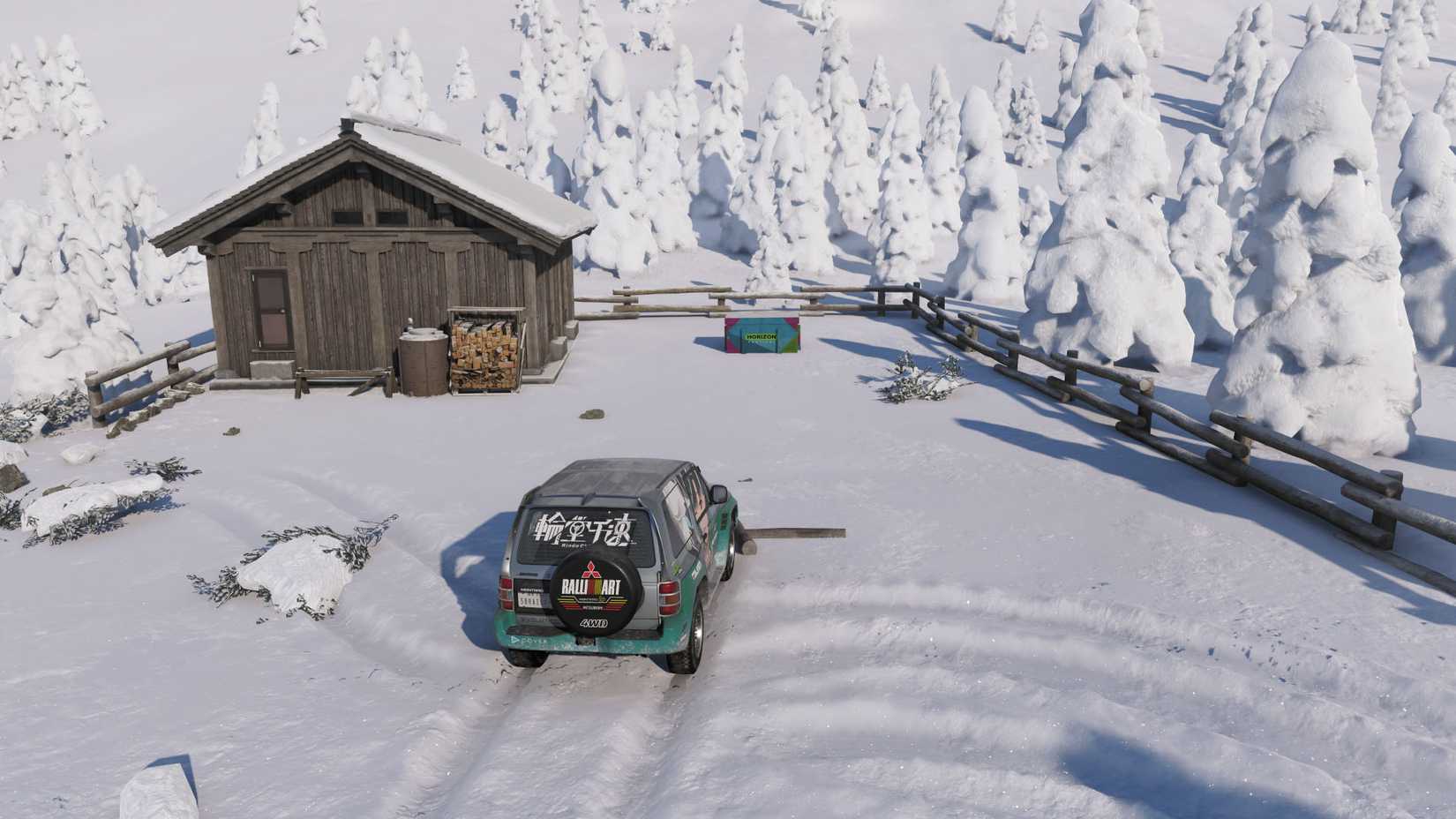 A Forza Horizon 6 screenshot showing a car in front of the treasure box in Series 2 winter