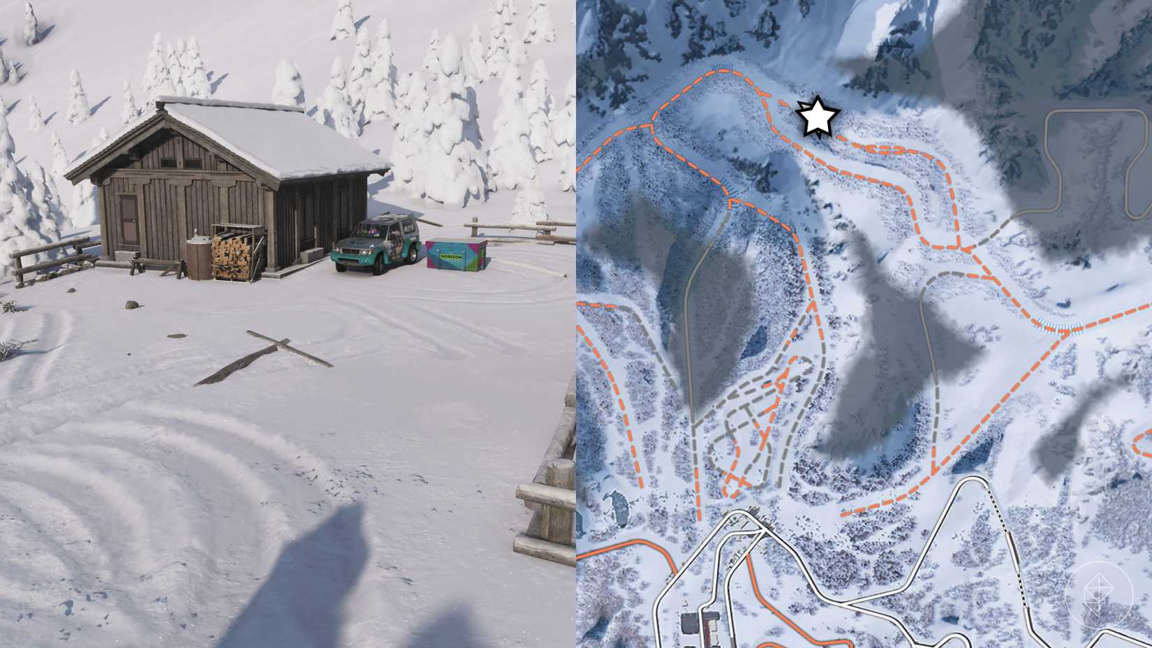 A montage with two Forza Horizon 6 pictures showing the location the Series 2 winter treasure hunt