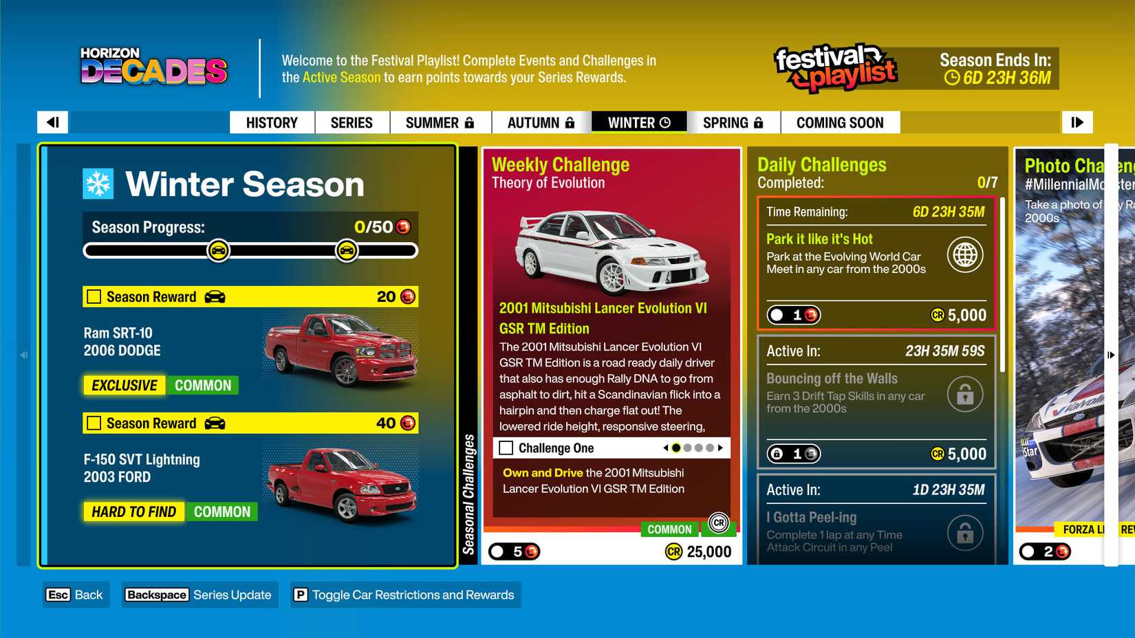 Una captura de pantalla de Forza Horizon 6 que muestra la pantalla de desafíos de la temporada de invierno de la Serie 2