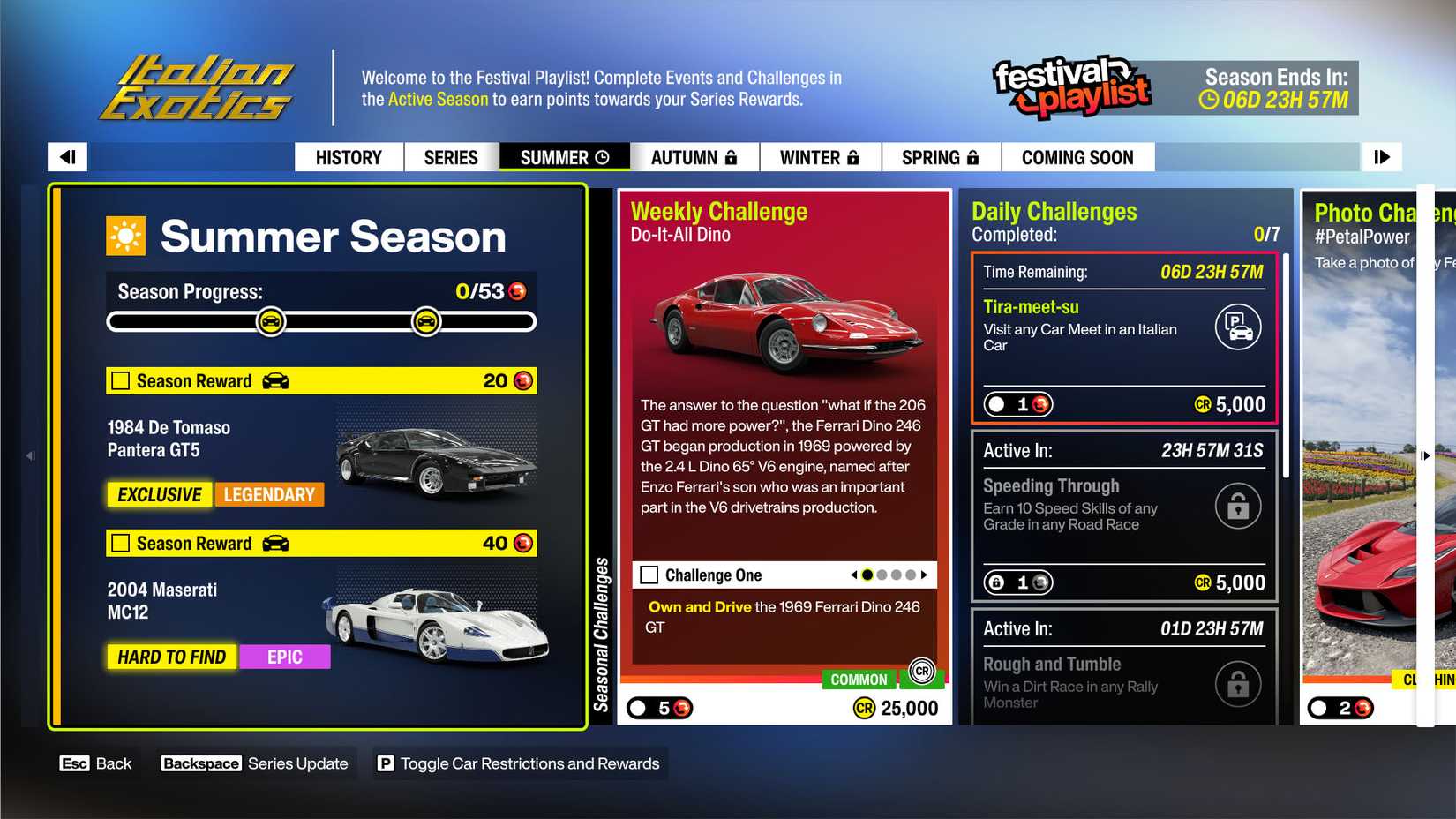 A Forza Horizon 6 screenshot showing the summer rewards from the Italian Exotics playlist