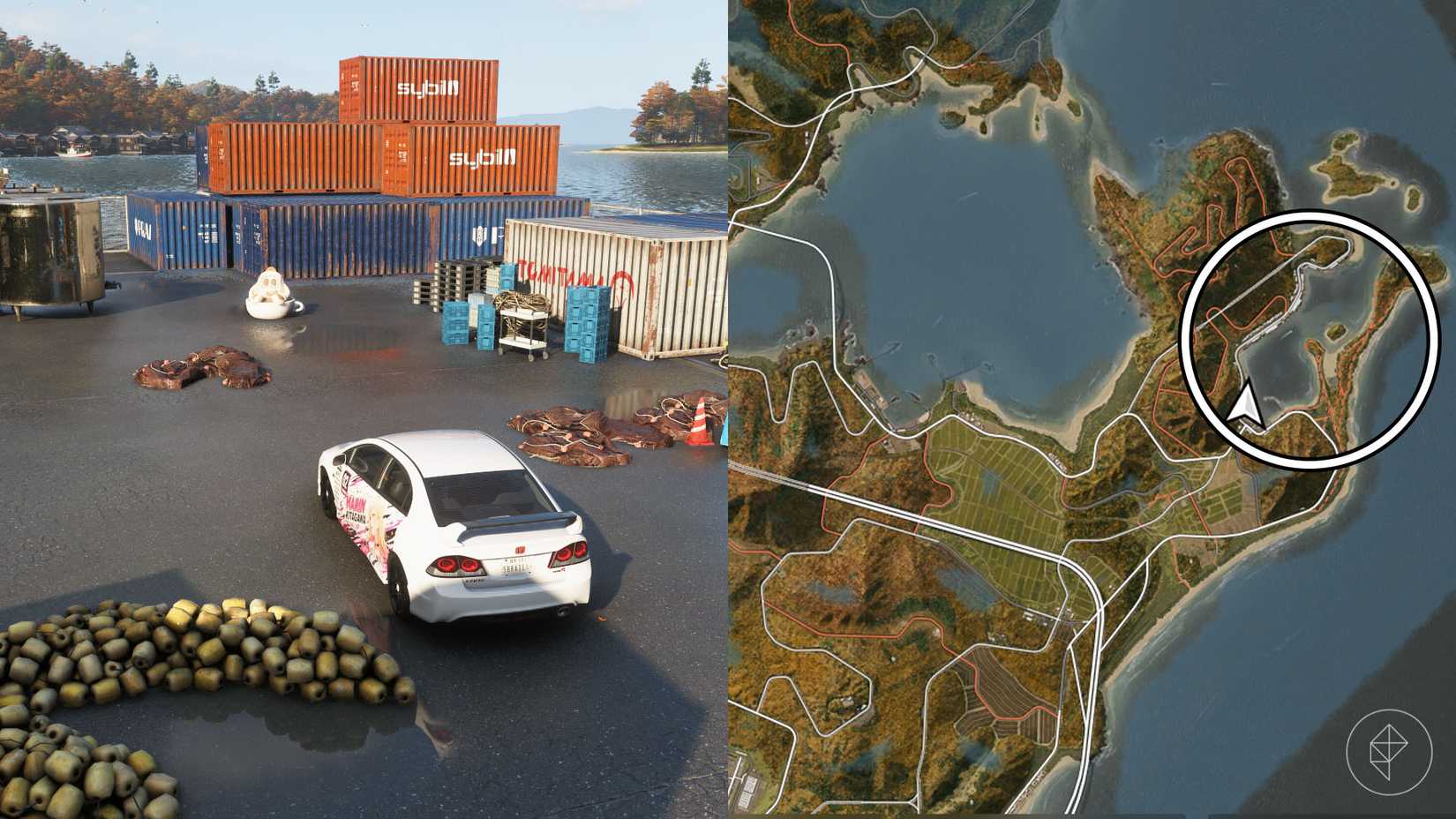 A montage with two Forza Horizon 6 pictures showing the location of the tank latte cups mascots