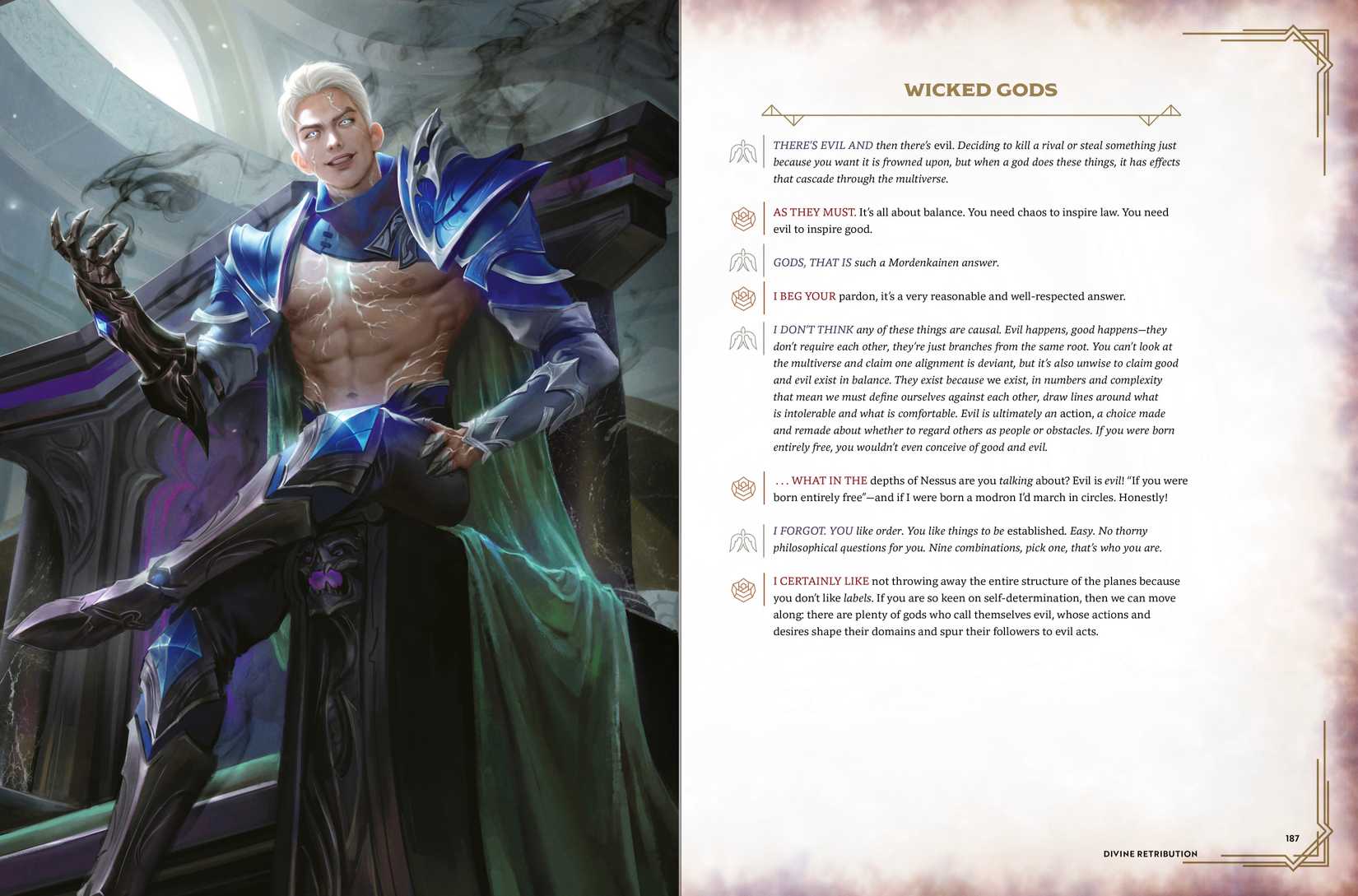 A shirtless god with a gauntlet crackling with lighting sits on a throne in art from Dungeons and Dragons Fiends and Foes