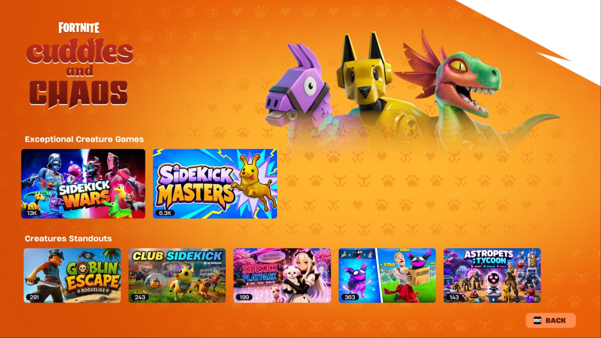 Fortnite's Cuddles and Chaos game category featuring sidekick games