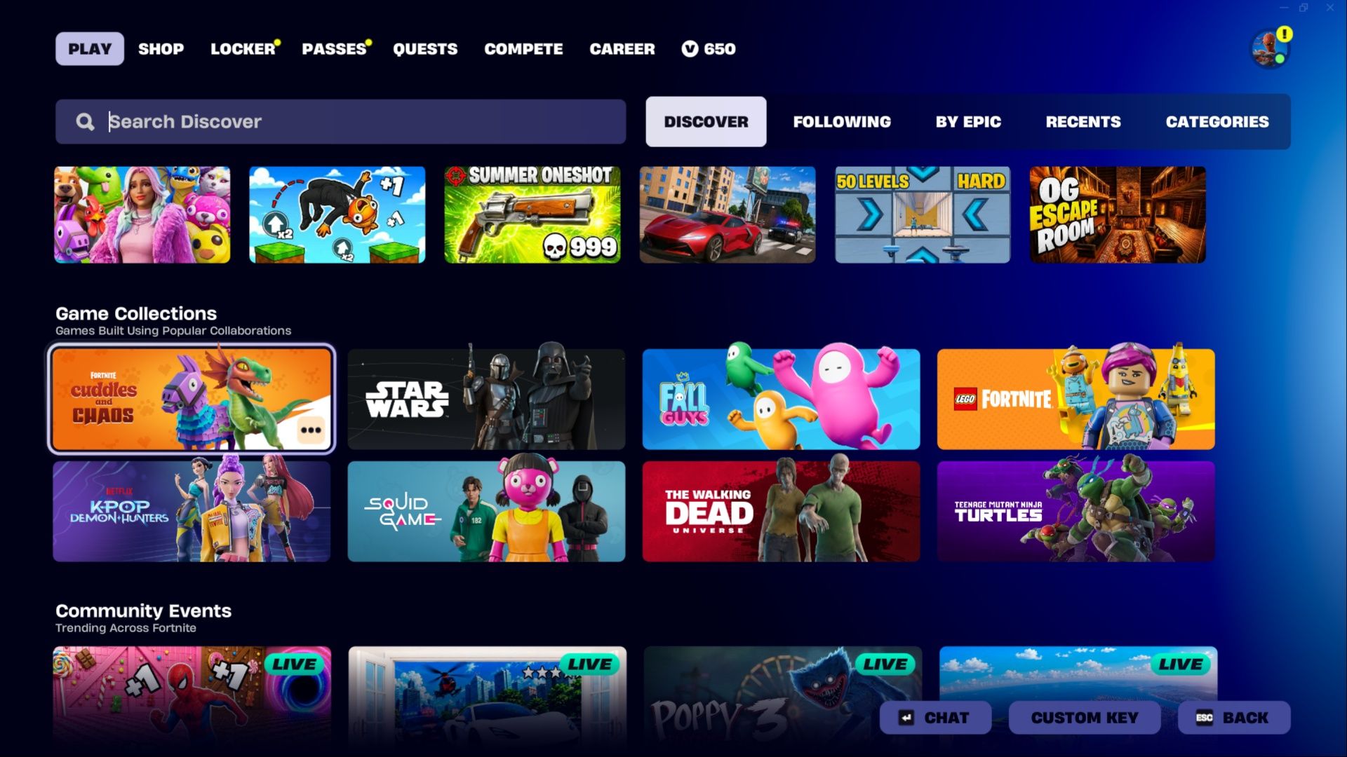 Game collections in Fortnite's discovery screen featuring Creature games