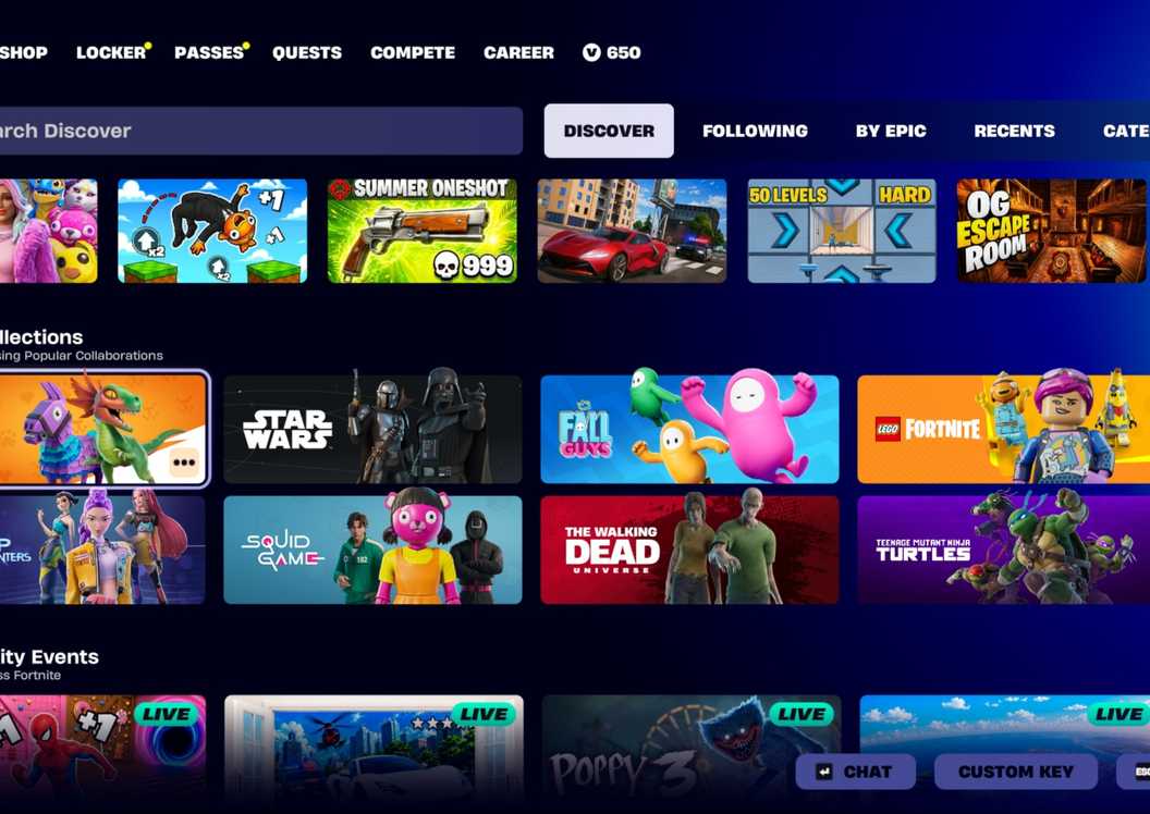 Game collections in Fortnite's discovery screen featuring Creature games