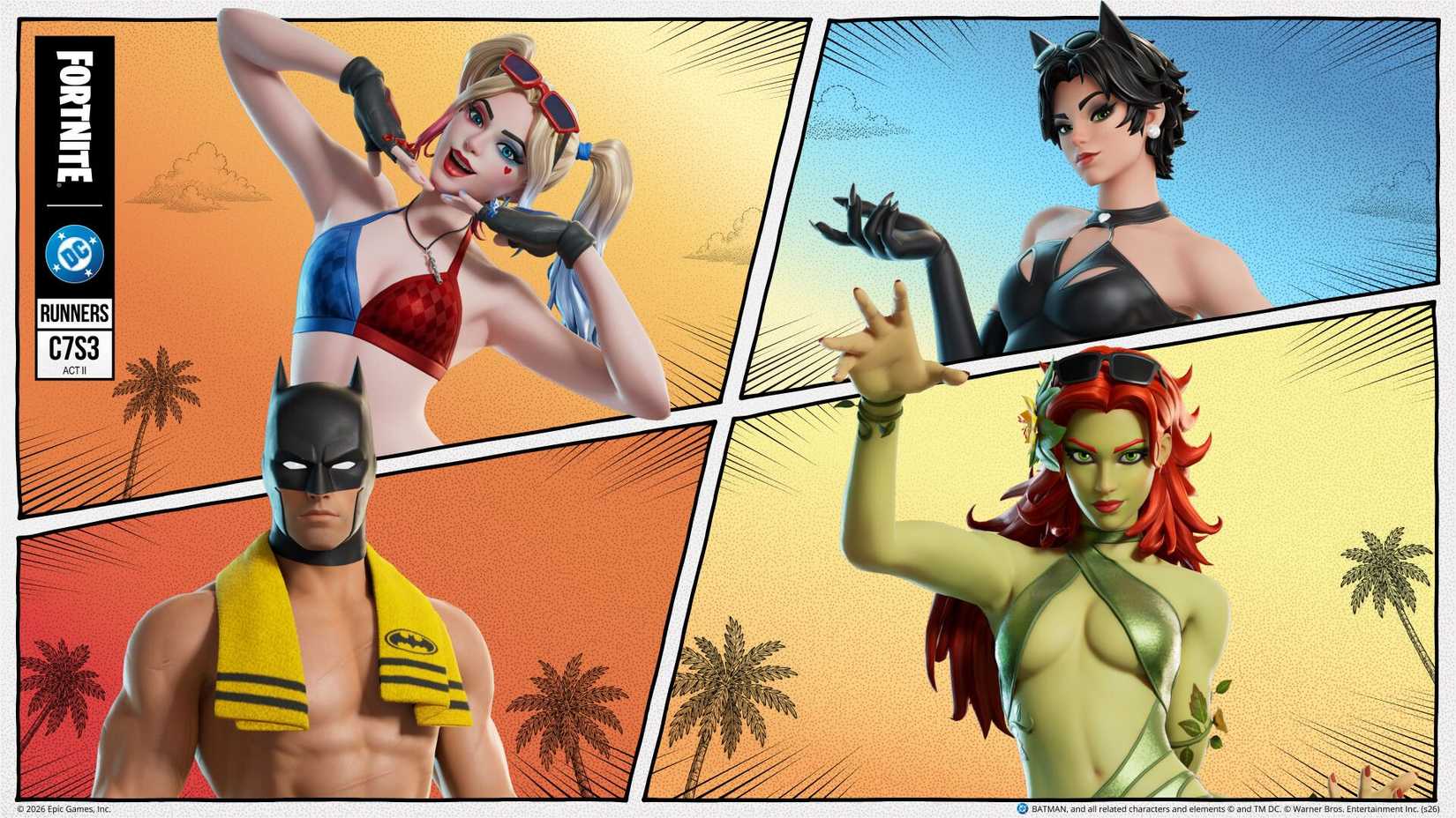 Fortnite skins for Harley Quinn, Catwoman, Batman, and Poison Ivy