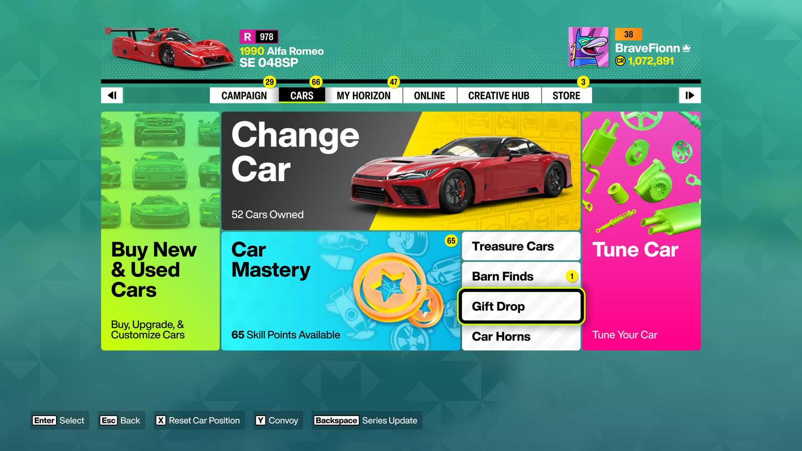 The car menu in Forza Horizon 6