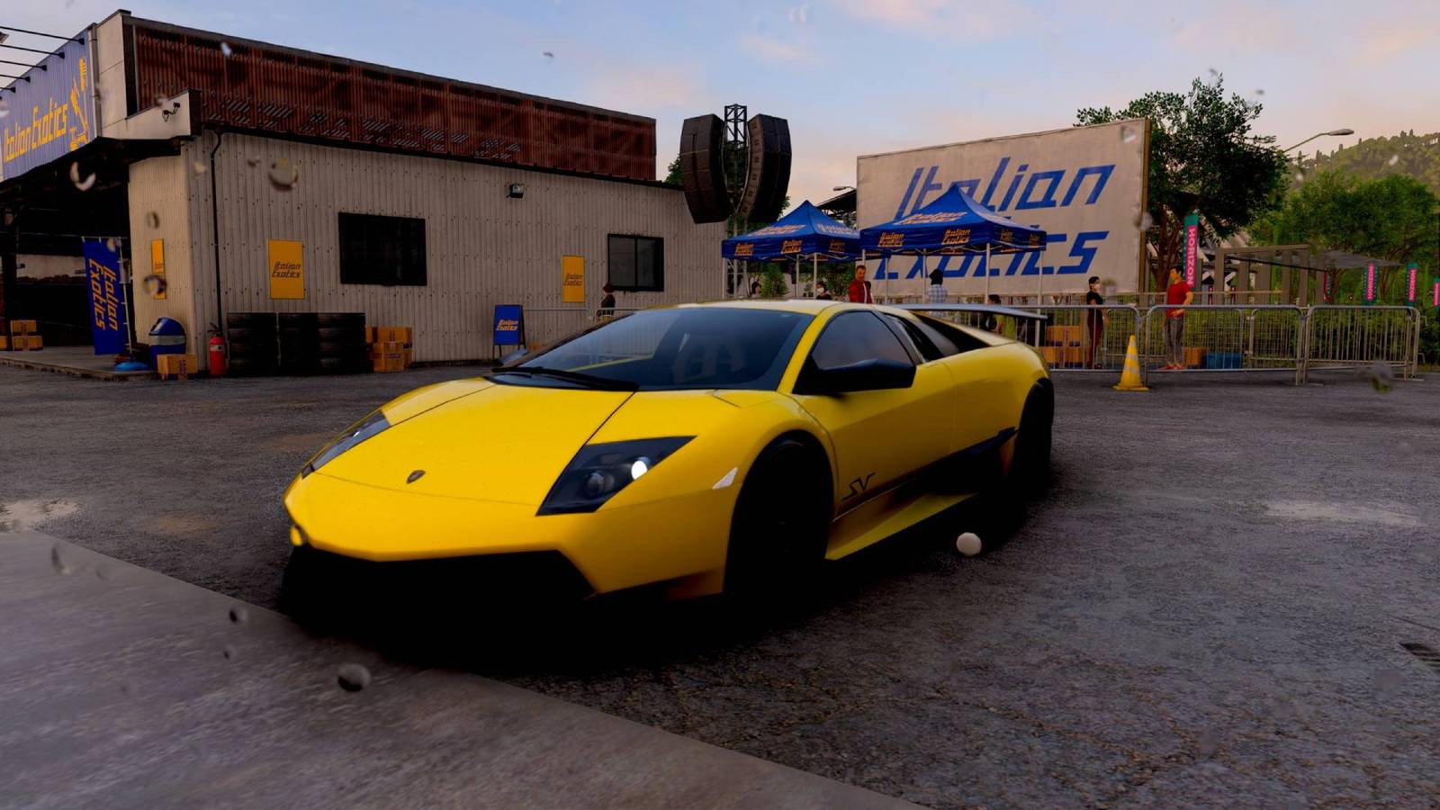 The Lamborghini Murcielago parked outside the Italian Exotics Dealership in Forza Horizon 6.