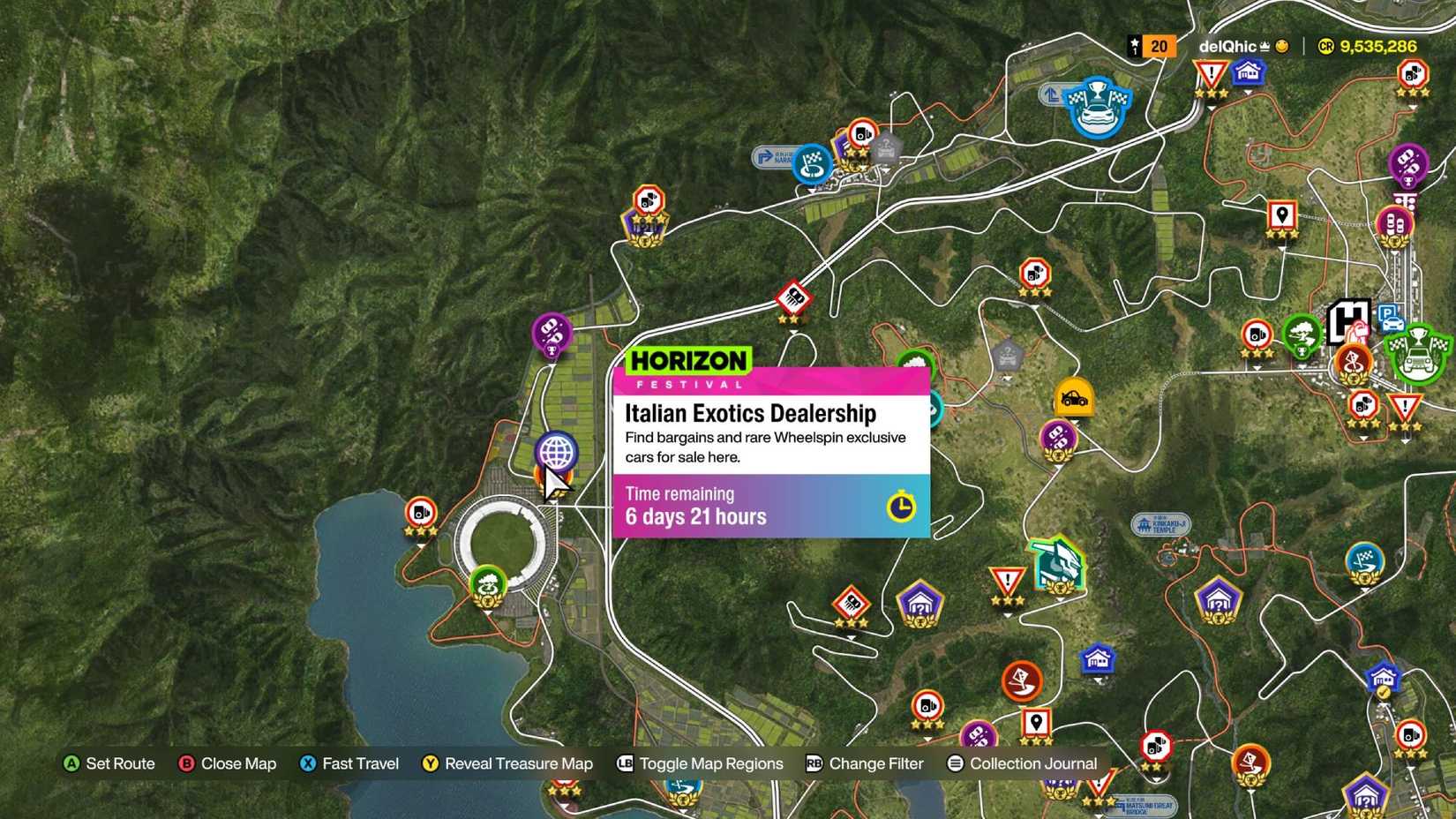 The location of the Italian Exotics Dealership highlighted on the Forza Horizon 6 map.