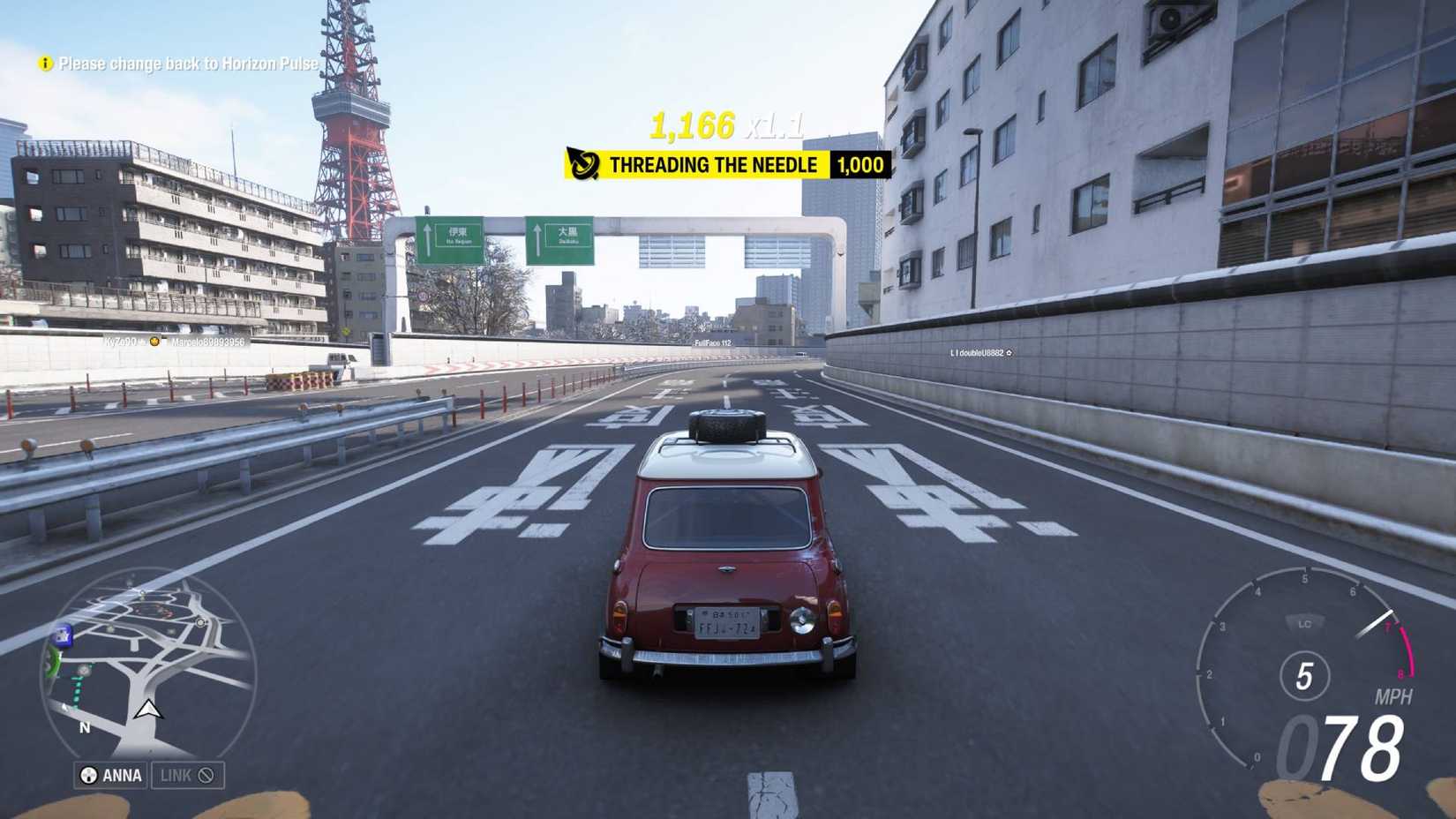 The Mini Cooper S driving down the highway in Forza Horizon 6 with the Threading the Needle skill earned.