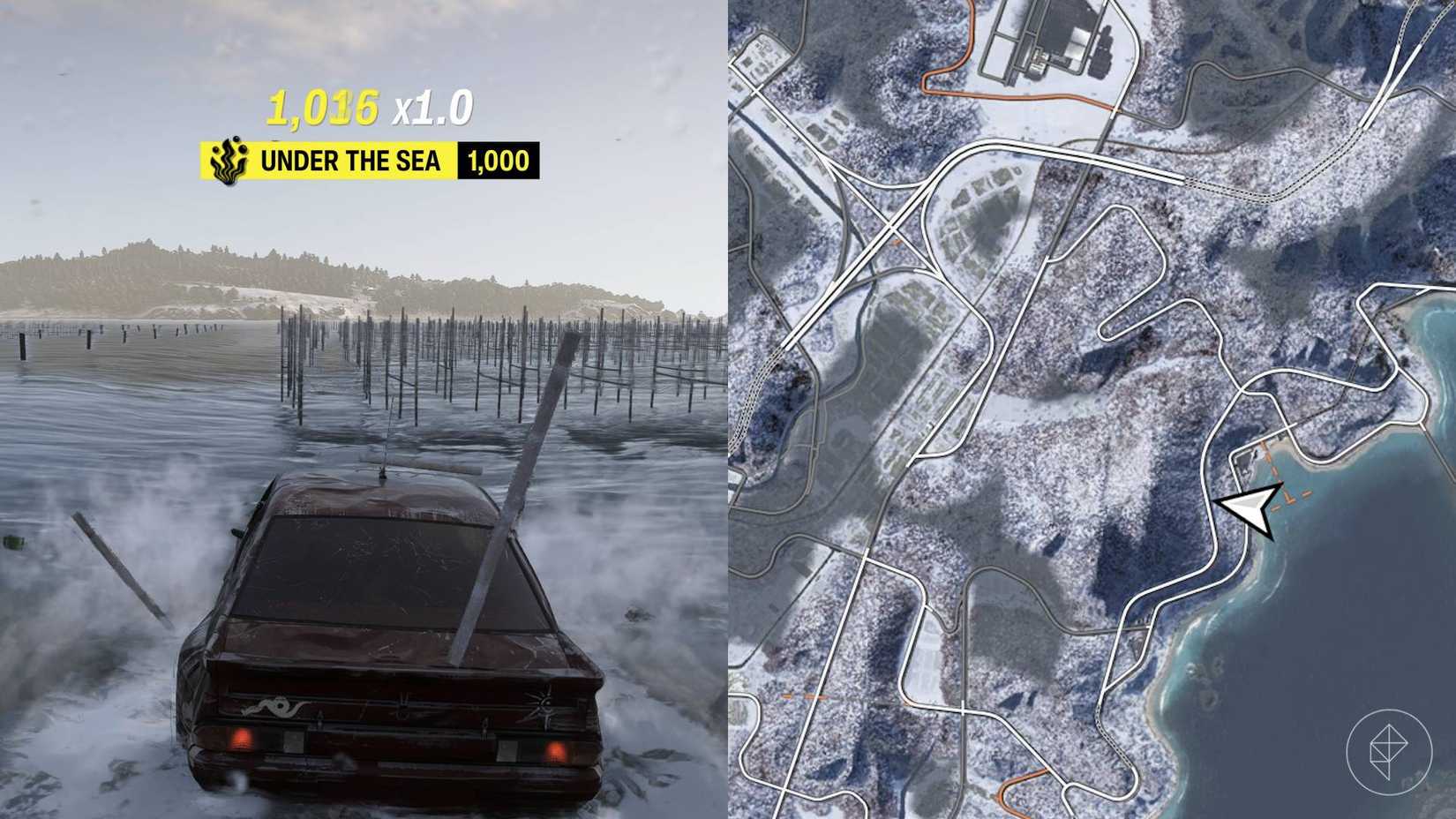 A split image showing where to find the Seabed Road in Forza Horizon 6 and how to get the Under the Sea skill