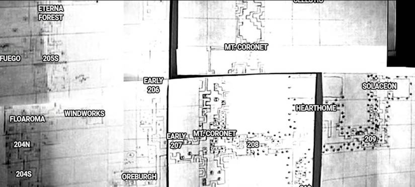 A patchwork of early map designs for Pokemon Diamond and Pearl's Sinnoh region.