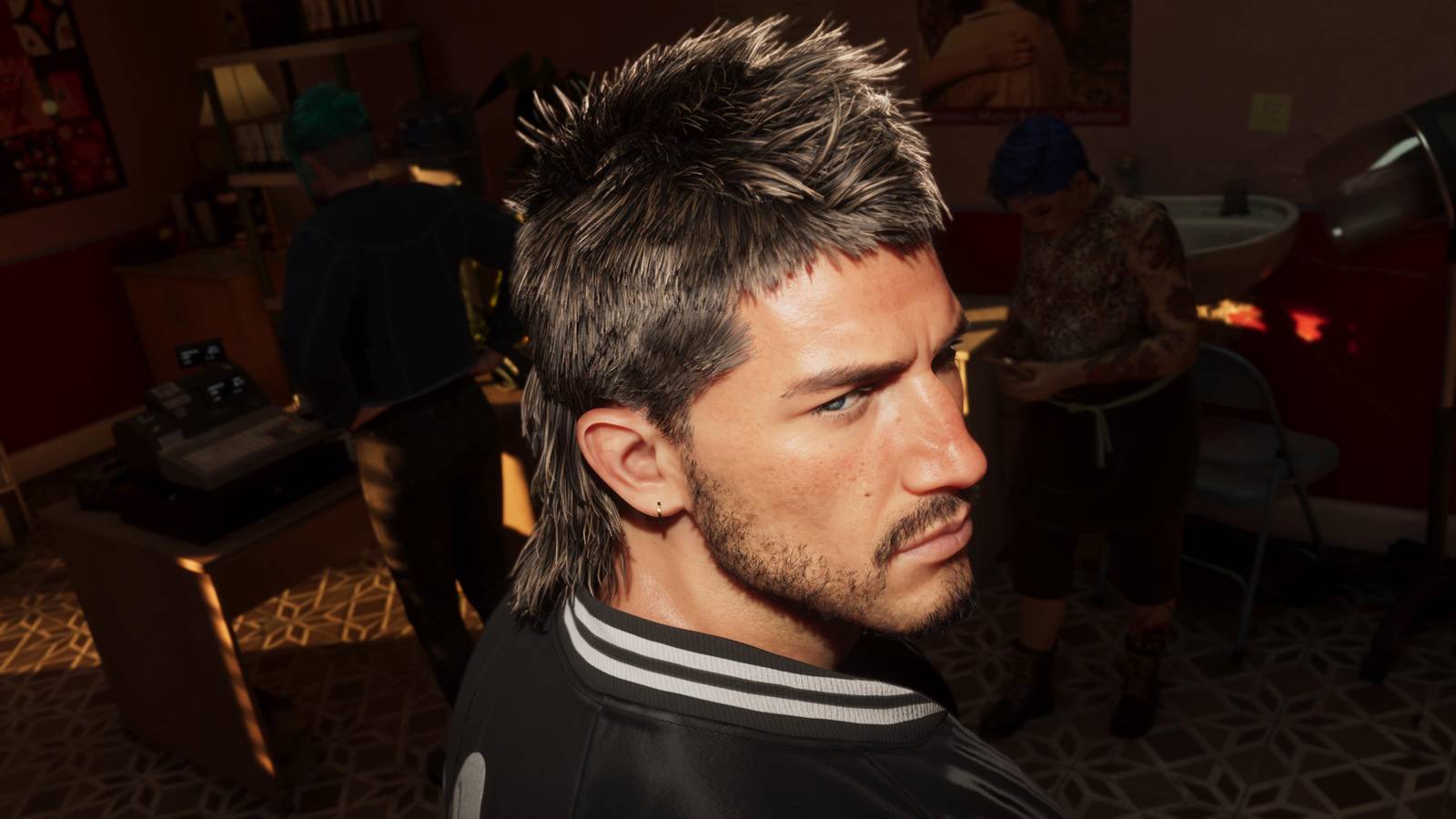 Jason Duval in GTA 6 with a short, styled haircut and a black jacket with a white and black collar