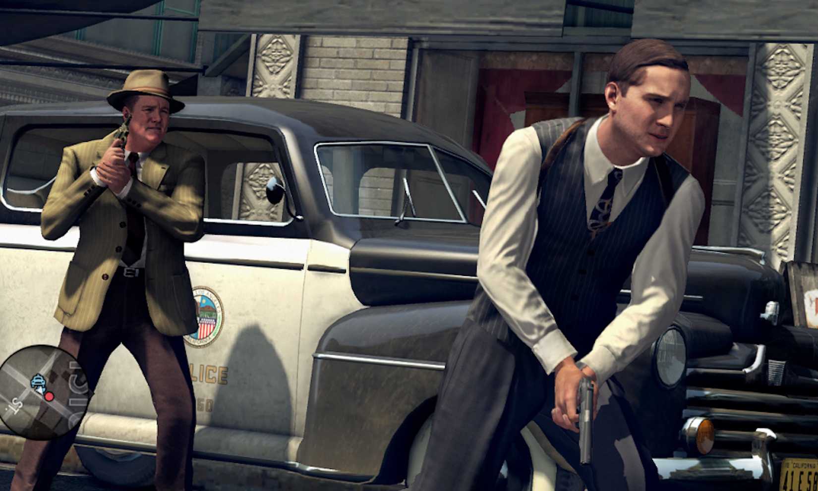 The protagonist in LA Noire holding a gun and crouch-walking near a car