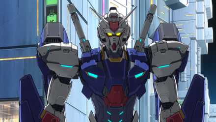 A gundam, with its signature blue and white paint job, yellow eyes, and antenna, looking straight at the camera.