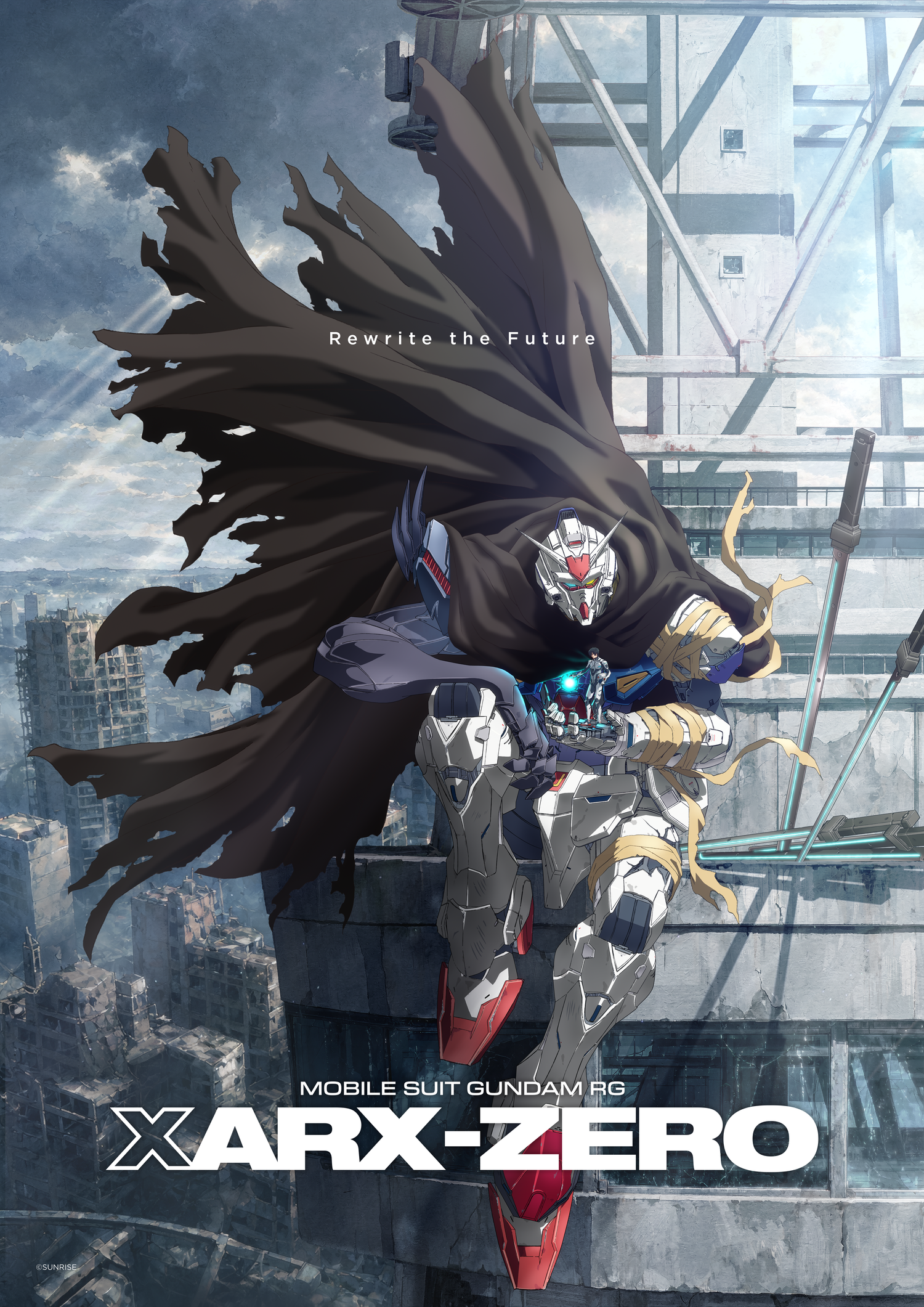 A Gundam with a cool cape sitting on a destroyed building.