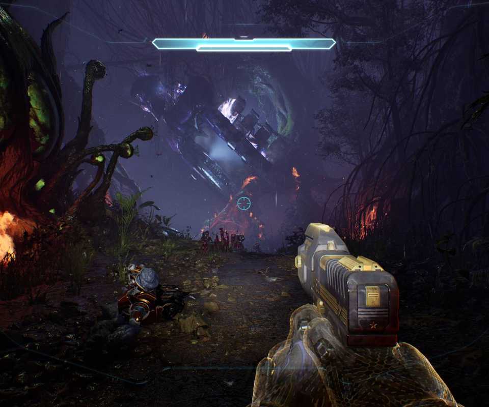 The player in Halo: Campaign Evolved looking at the crashed Covenant dropship.