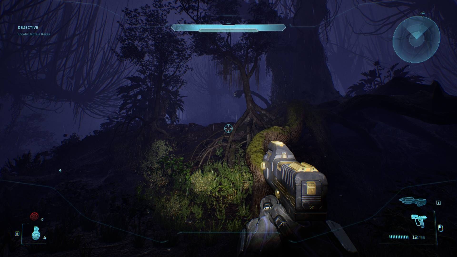 The player in Halo: Campaign Evolved looking between the two trees.