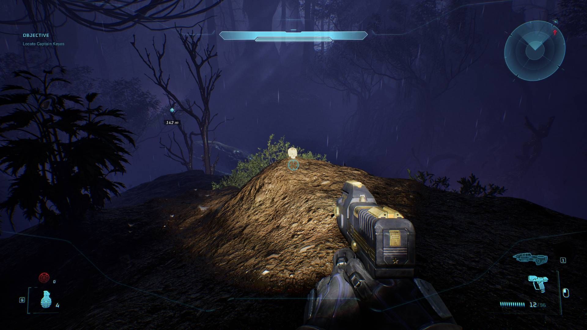 The player in Halo: Campaign Evolved looking at the Fog skull.