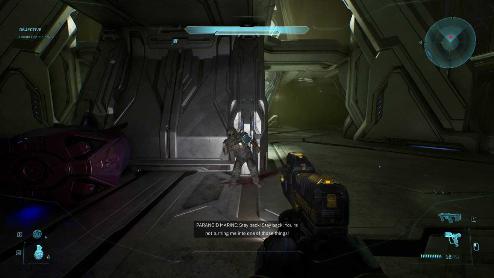 The player in Halo: Campaign Evolved looking at the paranoid marine.