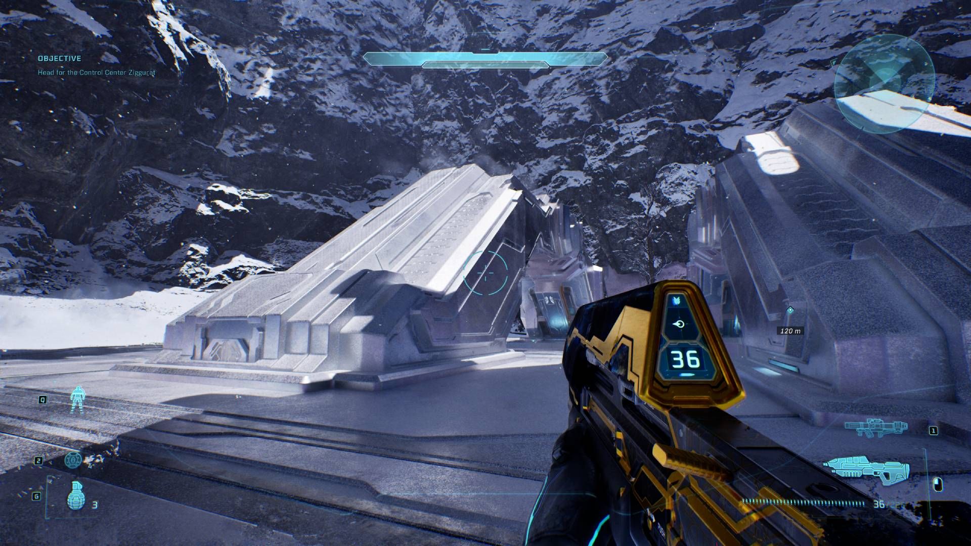The player in Halo Campaign Evolved looking at the bridge with the Angry skull on.