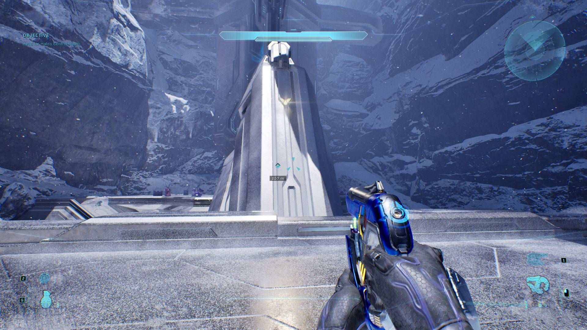 The player in Halo Campaign Evolved looking at where they need to jump to find the Cowbell skull.