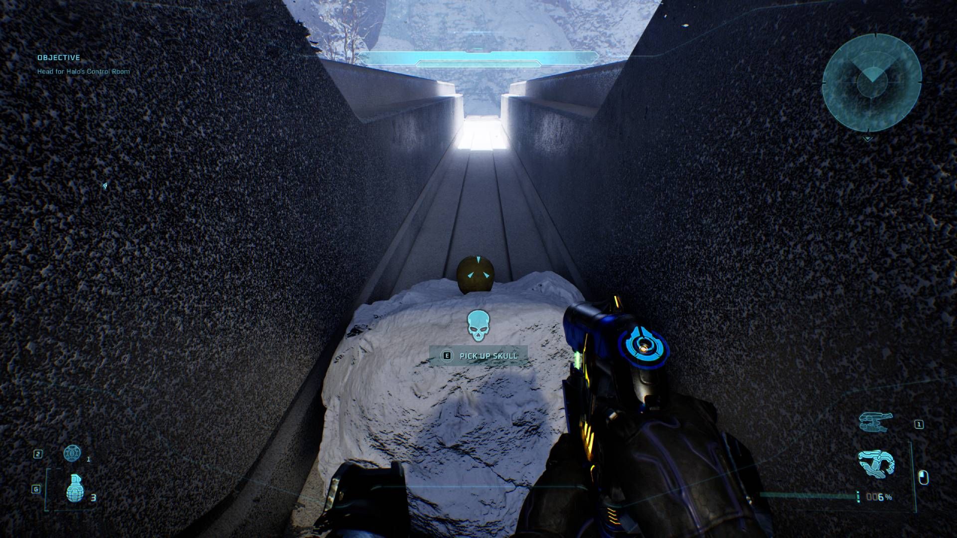 The player in Halo Campaign Evolved looking at the Cowbell skull.