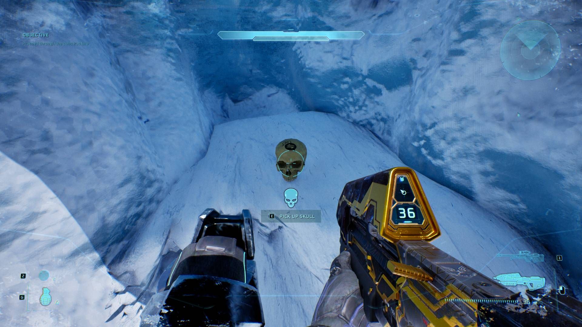 The player in Halo Campaign Evolved looking at the IWHBYD skull.