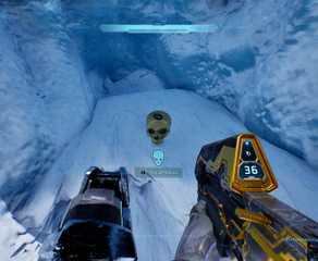 The player in Halo Campaign Evolved looking at the IWHBYD skull.