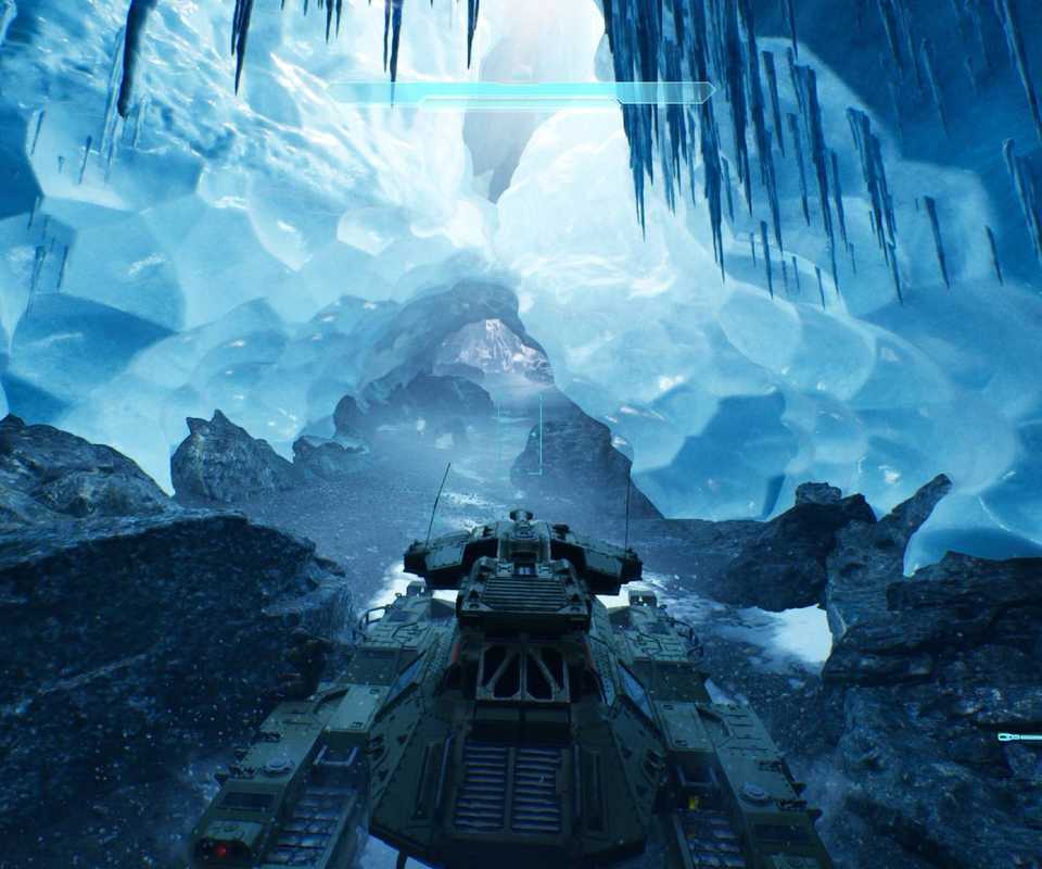 The player in Halo Campaign Evolved driving a scorpion tank up an icy slope.