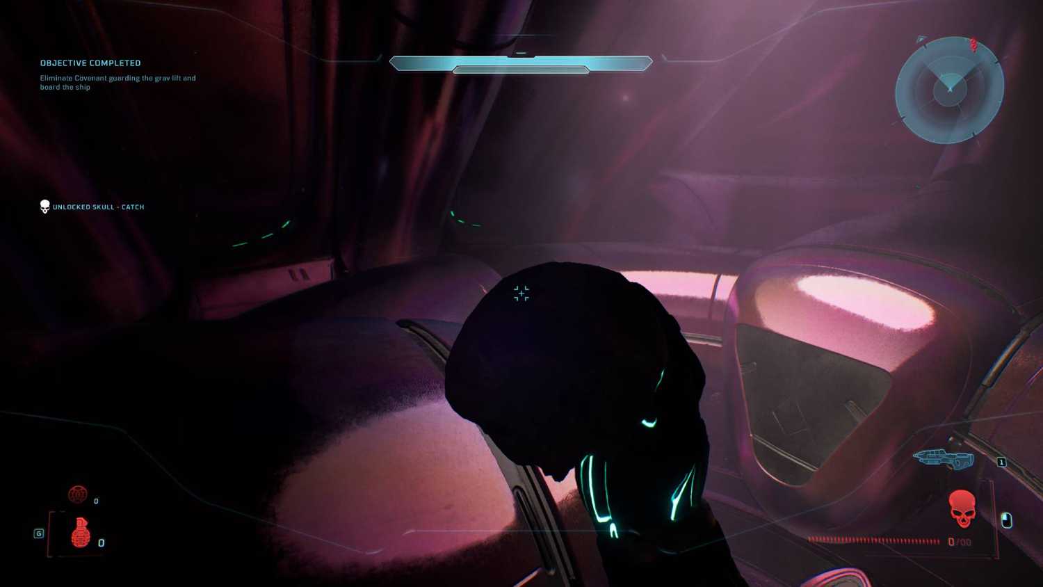 The player in Halo: Campaign Evolved holding the Catch skull.