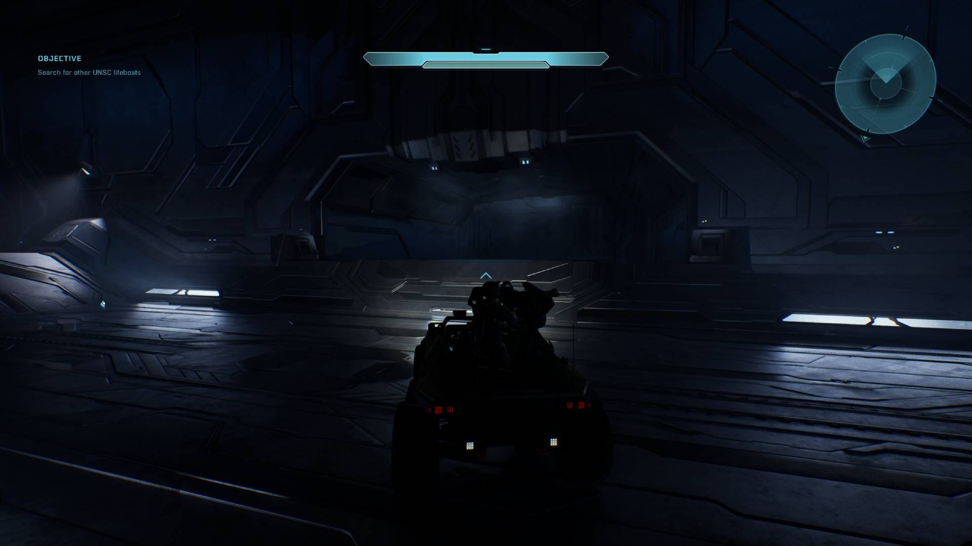 Master Chief in the warthog looking at the window that has the Forgotten terminal below it