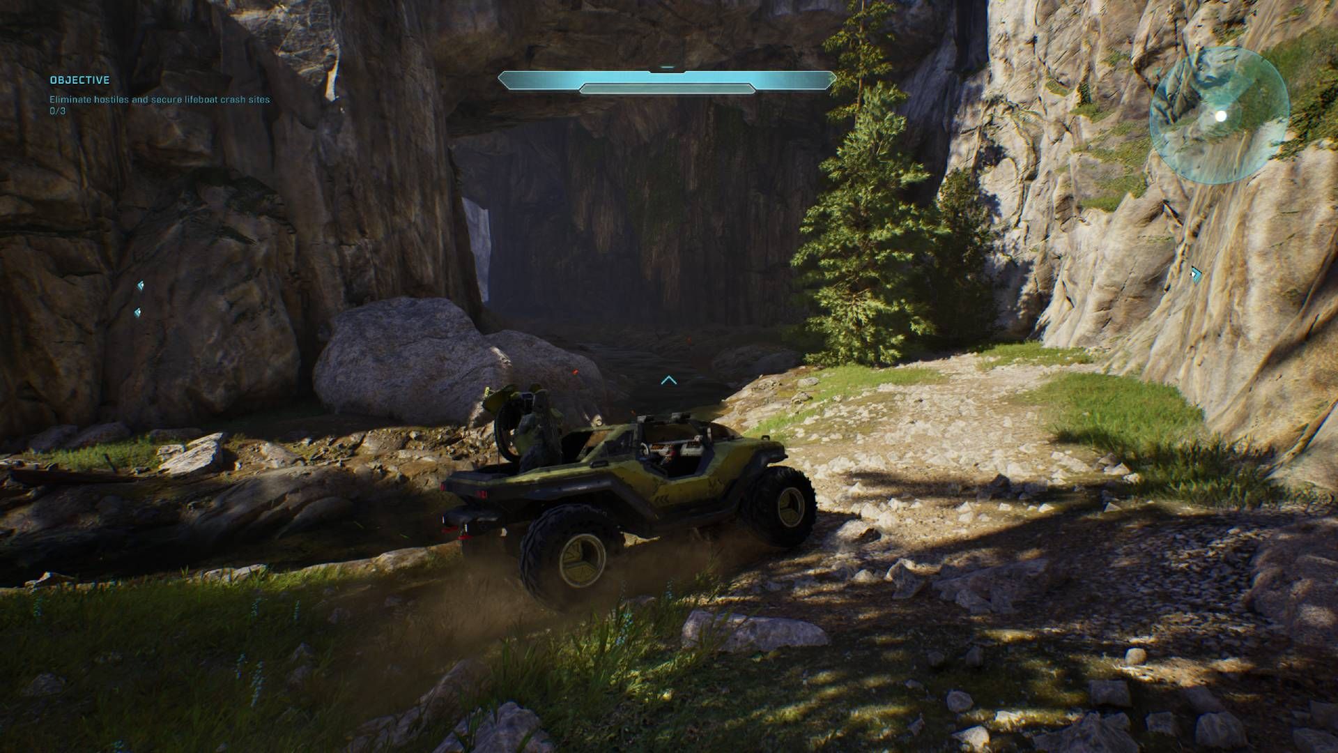 Master Chief in a warthog at the foot of the stream leading to the Give & Take skull in Halo Campaign Evolved