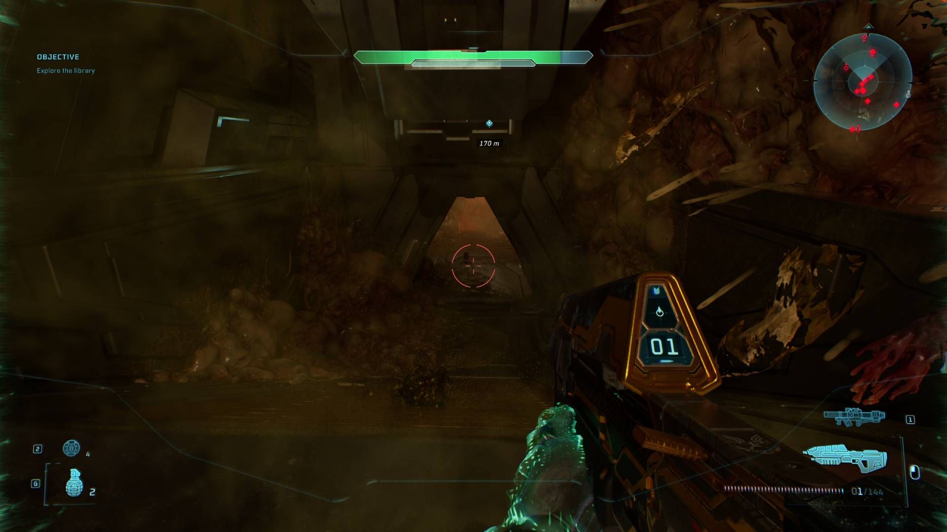The player in Halo: Campaign Evolved looking down the slope towards the Famine skull.