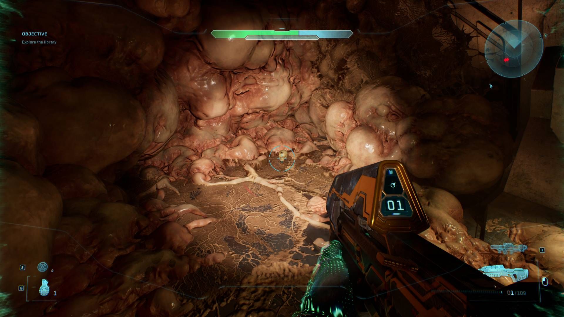 The player in Halo: Campaign Evolved looking at the Famine skull.