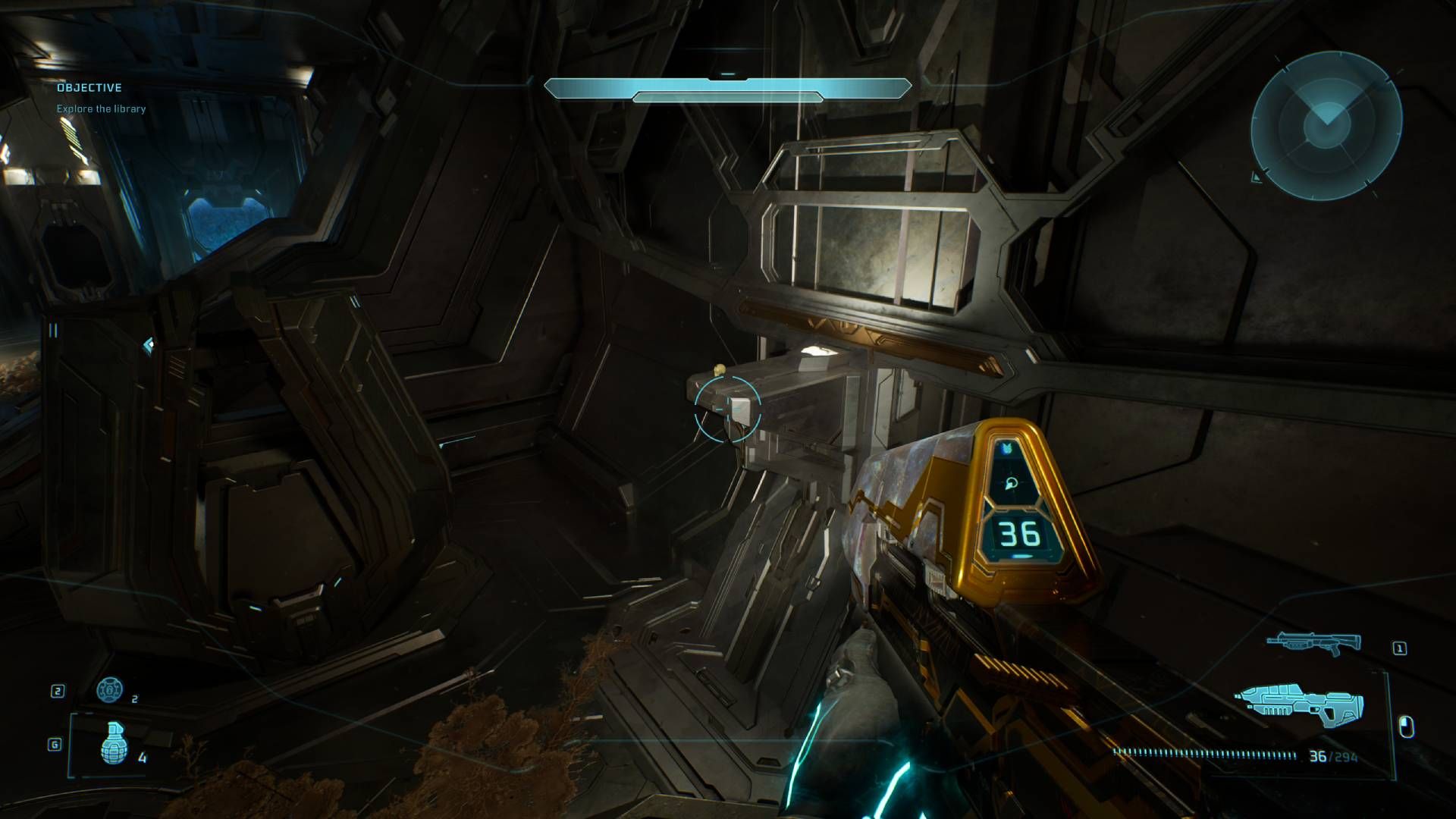 The player in Halo: Campaign Evolved looking at the Pop skull.