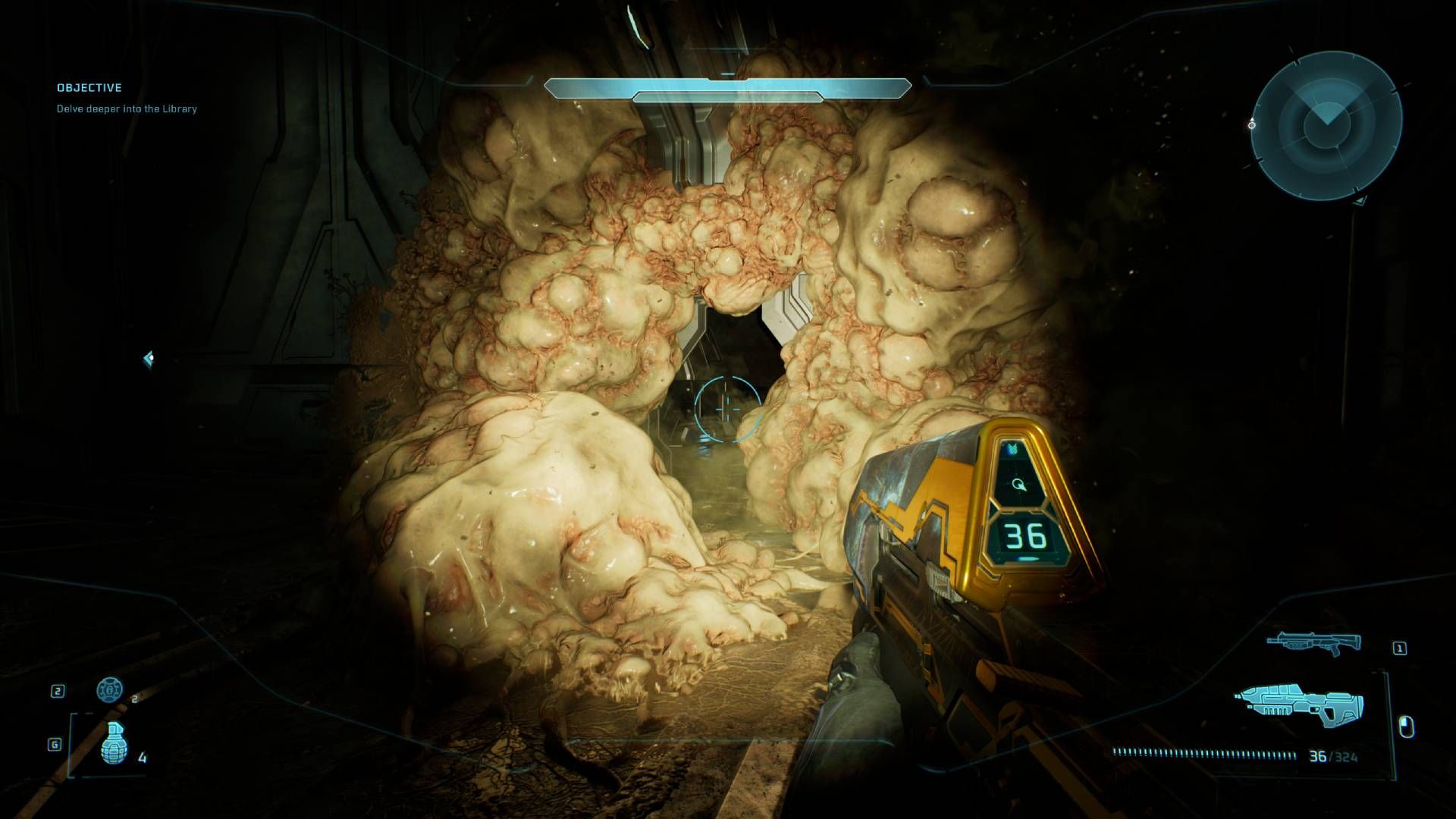 The player in Halo: Campaign Evolved in front of the Flood-blocked doorway.