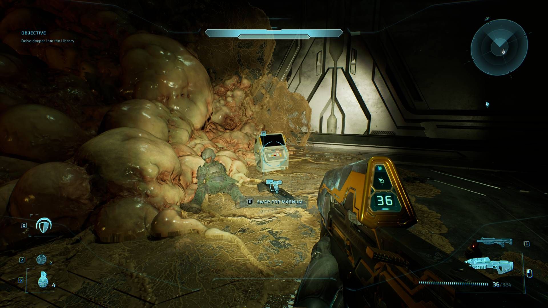 The player in Halo: Campaign Evolved looking at the Tangent III terminal.