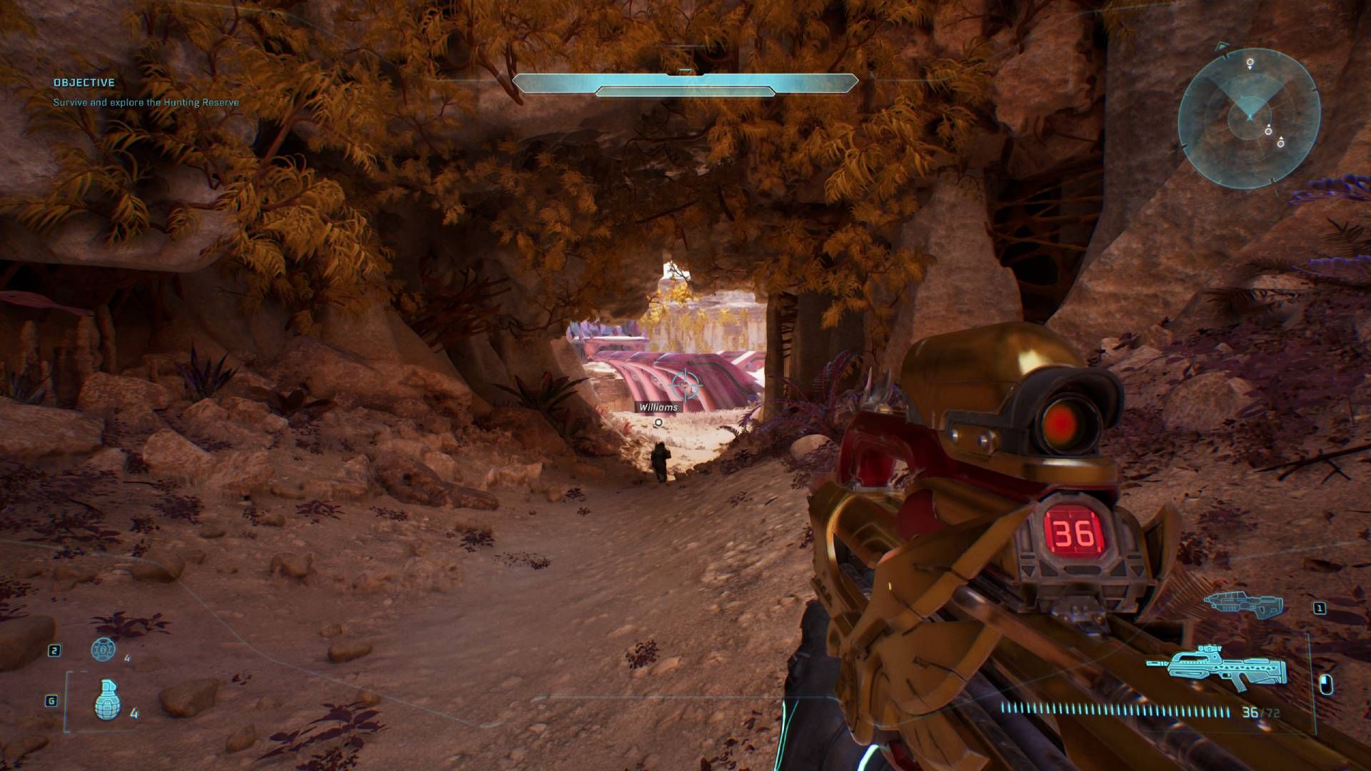 The player in Halo: Campaign Evolved looking through a cave towards the bridge.