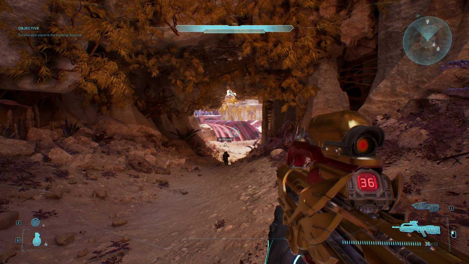 The player in Halo: Campaign Evolved looking through a cave towards the bridge.