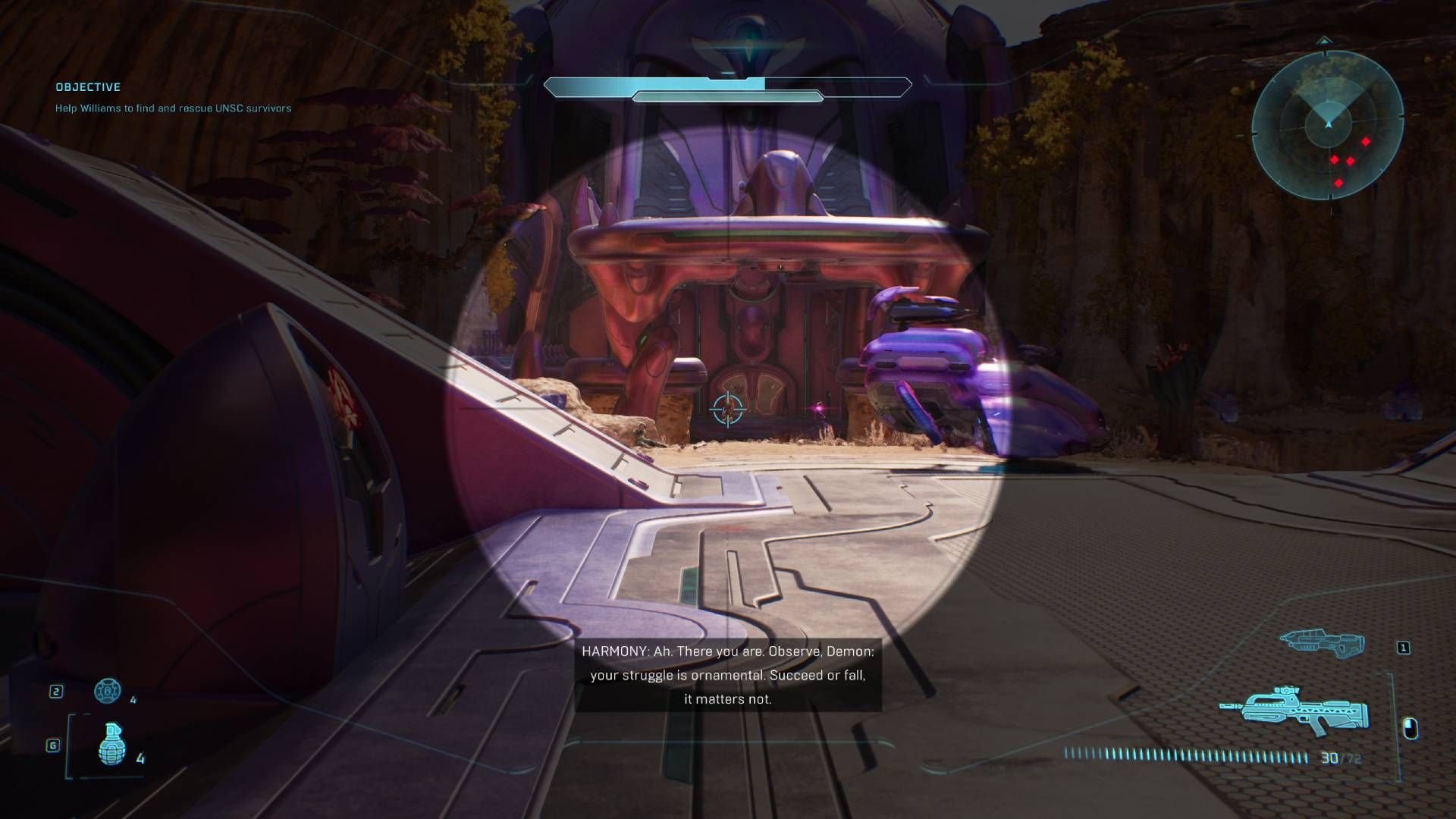 The player in Halo: Campaign Evolved aiming down the sights at the invincible elite behind the wraith.