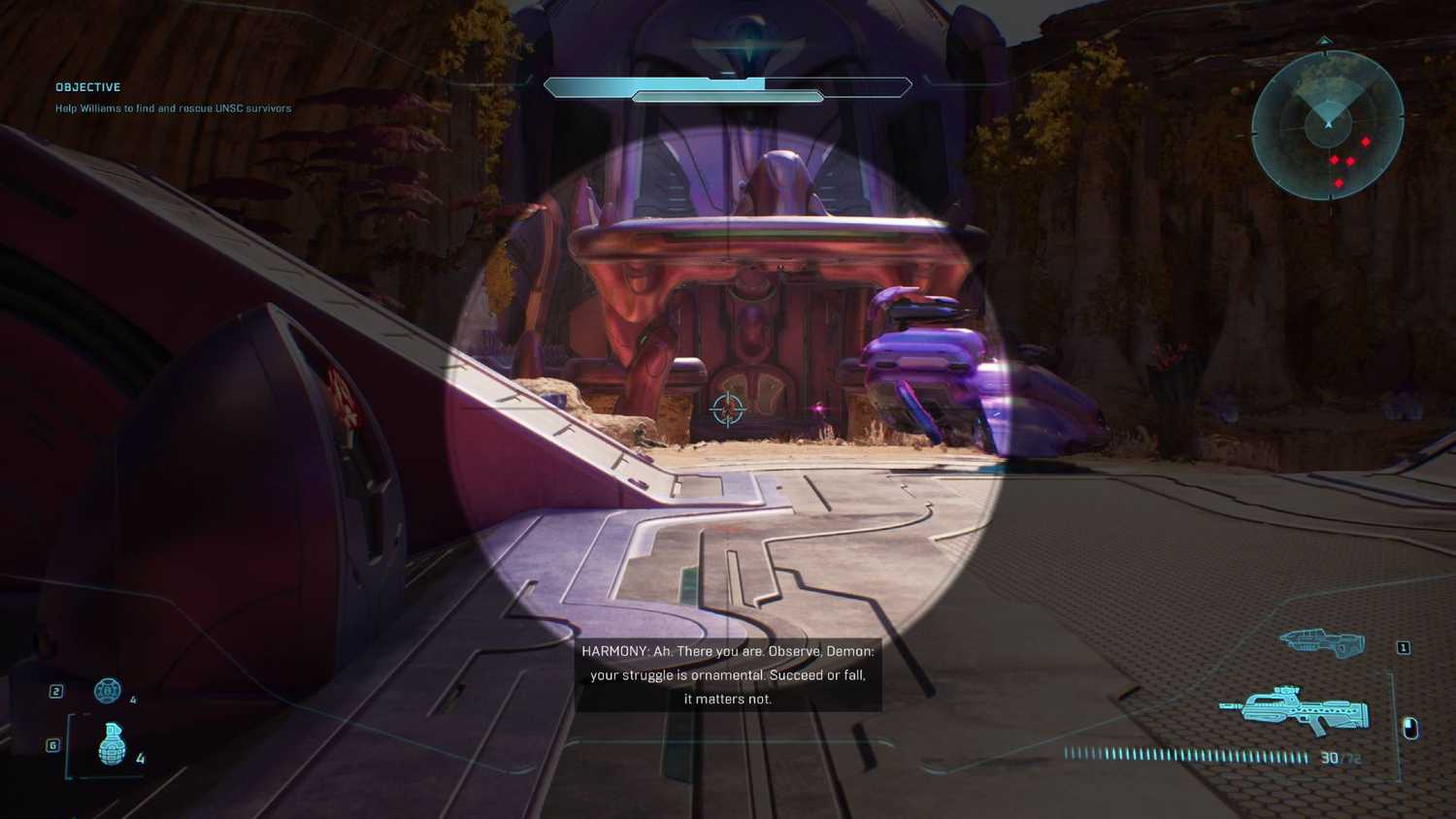 The player in Halo: Campaign Evolved aiming down the sights at the invincible elite behind the wraith.